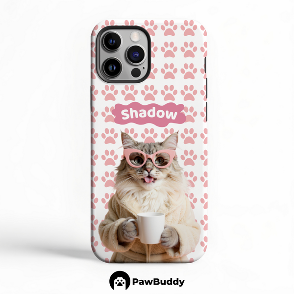 Custom Pet Phone Case for iPhone 11–17, Personalized Cozy Spa Day Pink Paw Pattern White Robe Design, Dual-Layer Shockproof PC+TPU Protective Cover with Glossy Wraparound Printing, Unique Gift for Pet Lovers