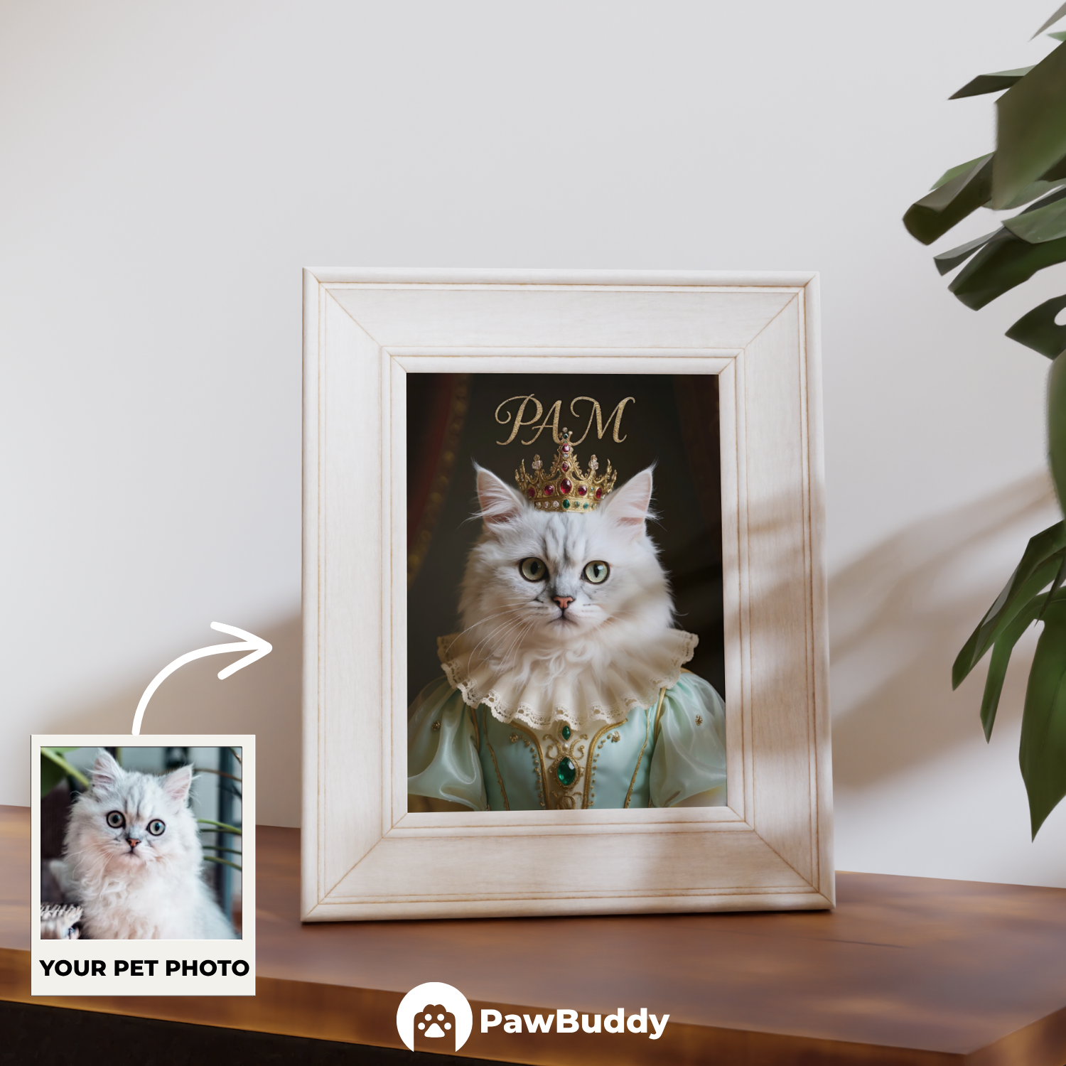 Custom Pet Poster Regal Royal Portrait in Emerald-Green Gown with Golden Crown and Gemstone Details – Personalized High-Resolution Matte Print for Wall Art, Home Decor, or Unique Gifts for Pet Lovers (Frame Not Included)