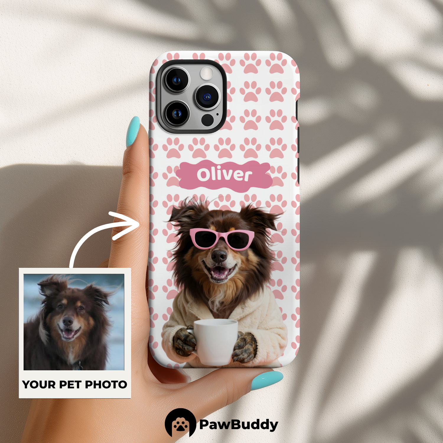 Custom Pet Phone Case for iPhone 11–17, Personalized Cozy Spa Day Pink Paw Pattern White Robe Design, Dual-Layer Shockproof PC+TPU Protective Cover with Glossy Wraparound Printing, Unique Gift for Pet Lovers