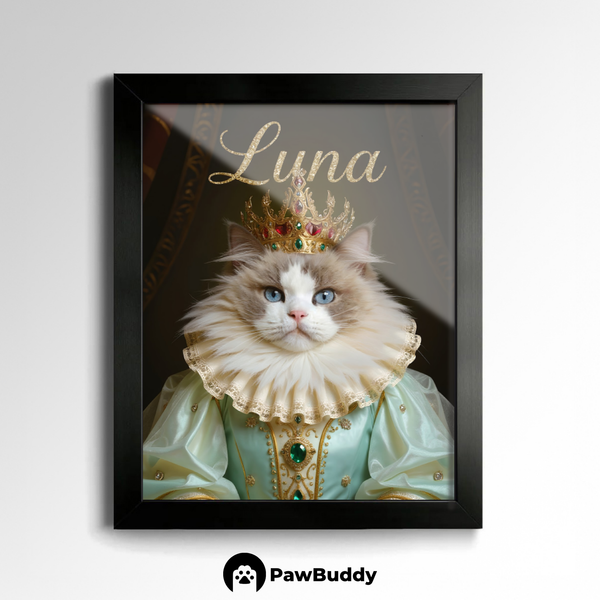 Custom Pet Poster Regal Royal Portrait in Emerald-Green Gown with Golden Crown and Gemstone Details – Personalized High-Resolution Matte Print for Wall Art, Home Decor, or Unique Gifts for Pet Lovers