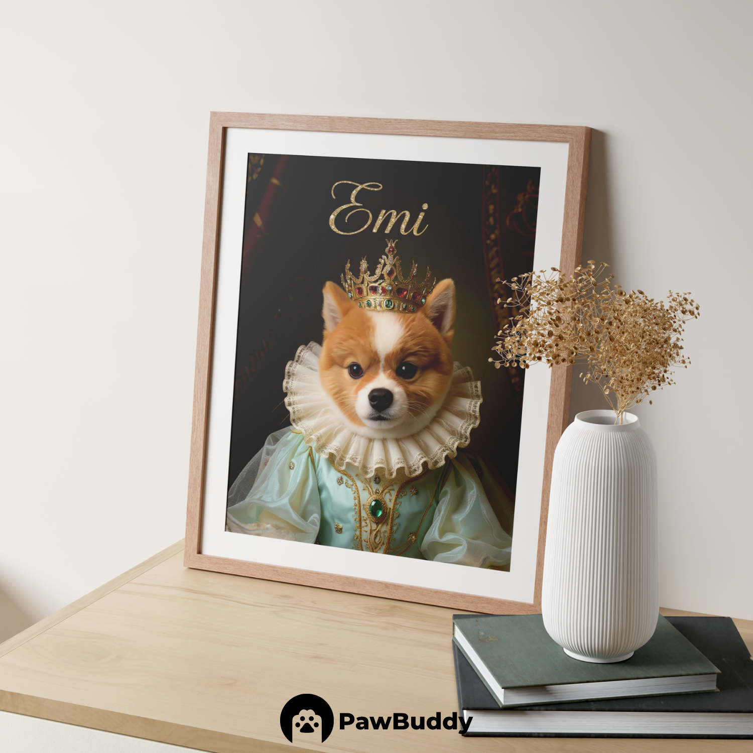 Custom Pet Poster Regal Royal Portrait in Emerald-Green Gown with Golden Crown and Gemstone Details – Personalized High-Resolution Matte Print for Wall Art, Home Decor, or Unique Gifts for Pet Lovers (Frame Not Included)