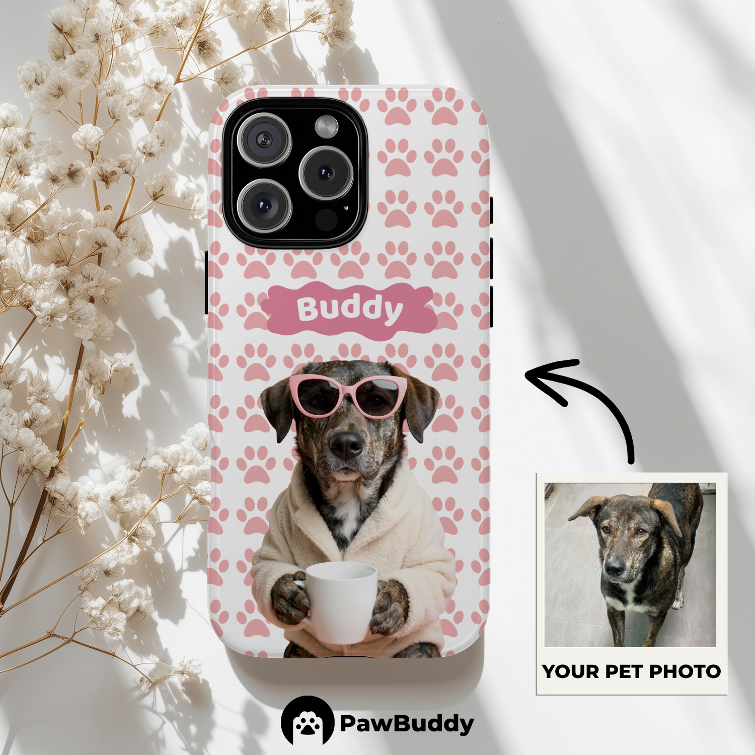 Custom Pet Phone Case for iPhone 11–17, Personalized Cozy Spa Day Pink Paw Pattern White Robe Design, Dual-Layer Shockproof PC+TPU Protective Cover with Glossy Wraparound Printing, Unique Gift for Pet Lovers