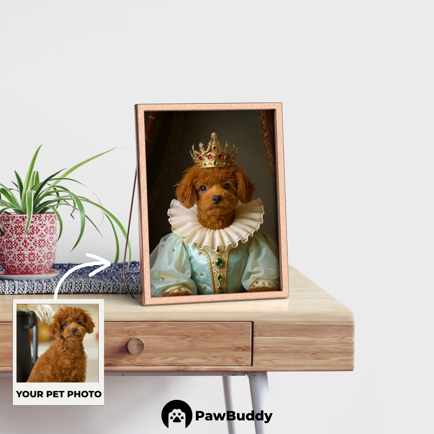 Custom Pet Poster Regal Royal Portrait in Emerald-Green Gown with Golden Crown and Gemstone Details – Personalized High-Resolution Matte Print for Wall Art, Home Decor, or Unique Gifts for Pet Lovers (Frame Not Included)