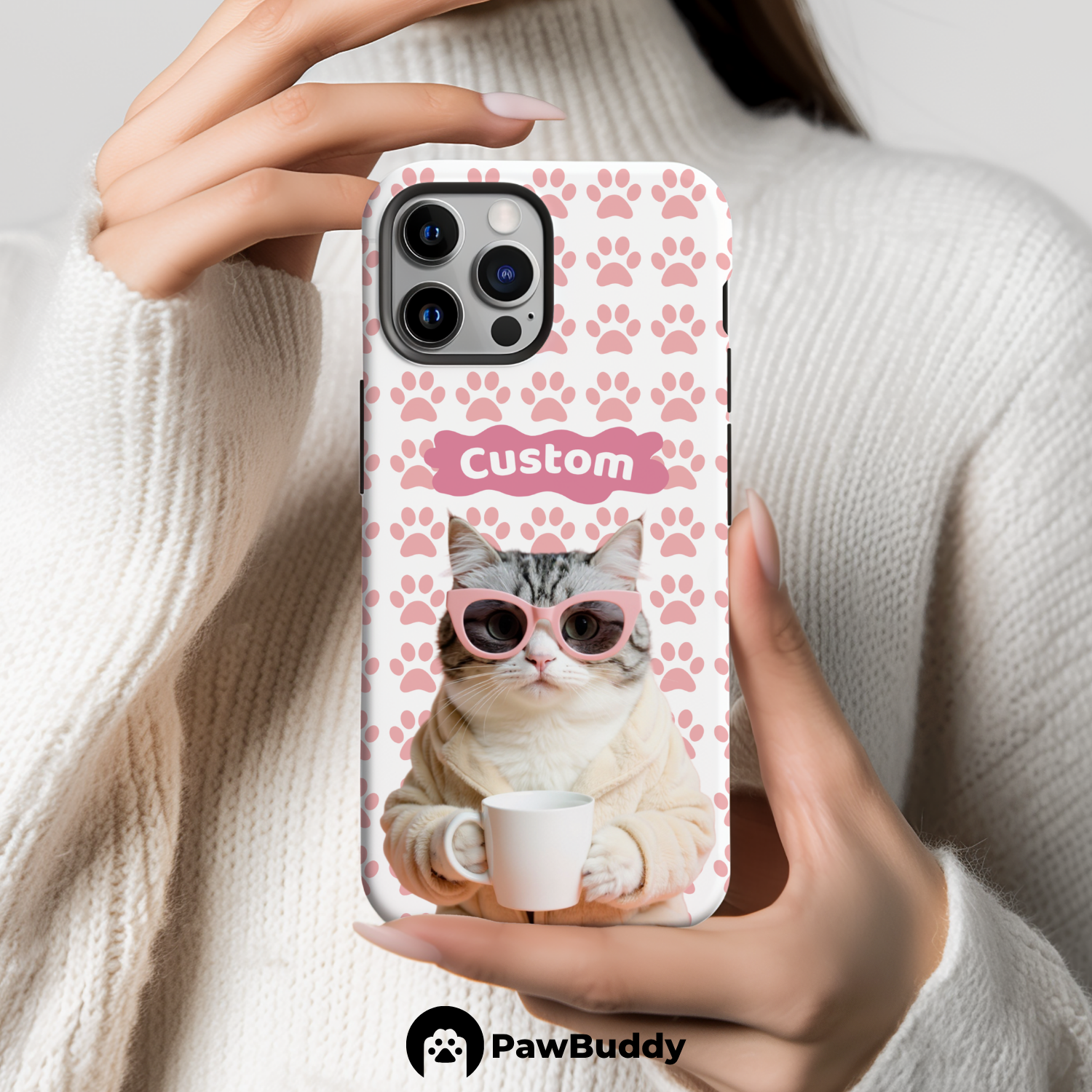 Custom Pet Phone Case for iPhone 11–17, Personalized Cozy Spa Day Pink Paw Pattern White Robe Design, Dual-Layer Shockproof PC+TPU Protective Cover with Glossy Wraparound Printing, Unique Gift for Pet Lovers