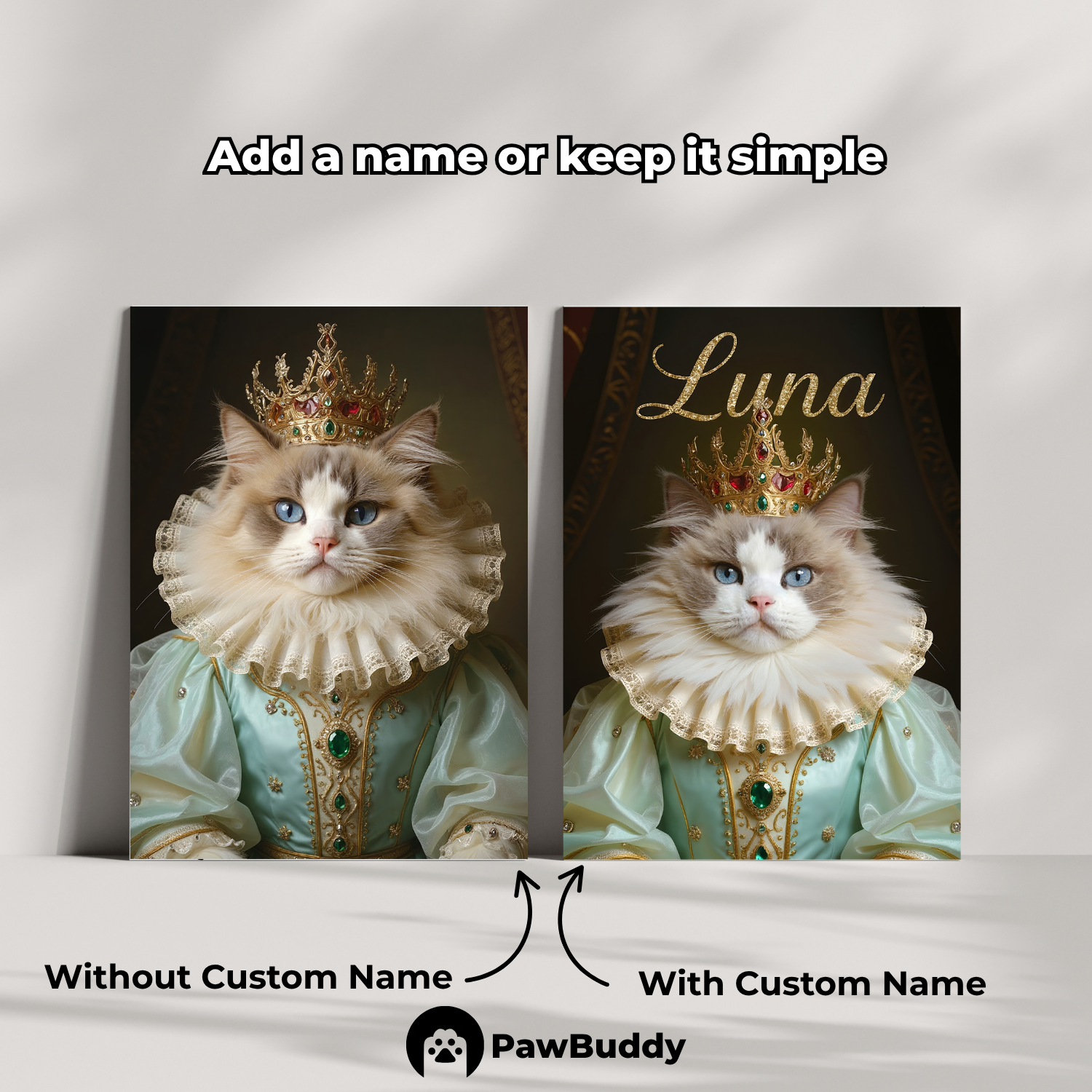 Custom Pet Poster Regal Royal Portrait in Emerald-Green Gown with Golden Crown and Gemstone Details – Personalized High-Resolution Matte Print for Wall Art, Home Decor, or Unique Gifts for Pet Lovers (Frame Not Included)