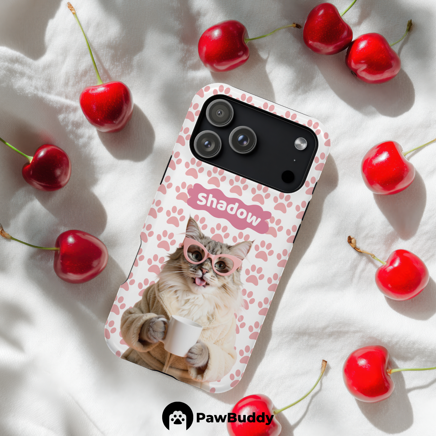 Custom Pet Phone Case for iPhone 11–17, Personalized Cozy Spa Day Pink Paw Pattern White Robe Design, Dual-Layer Shockproof PC+TPU Protective Cover with Glossy Wraparound Printing, Unique Gift for Pet Lovers