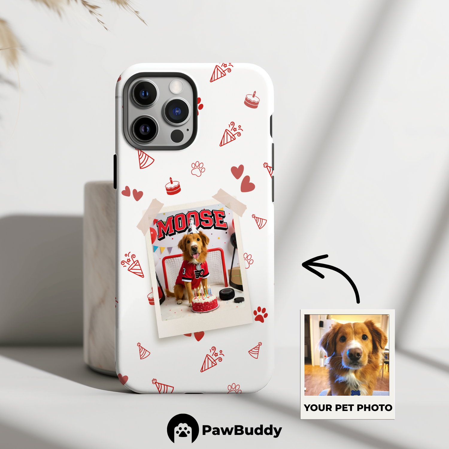Custom Pet Phone Case for iPhone 11–17, Personalized Birthday Celebration Hockey Red Pattern Polaroid Frame Design, Dual-Layer Shockproof PC+TPU Protective Cover with Glossy Wraparound Printing, Unique Gift for Pet Lovers