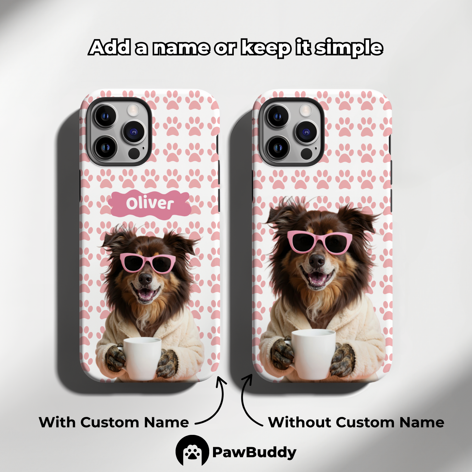 Custom Pet Phone Case for iPhone 11–17, Personalized Cozy Spa Day Pink Paw Pattern White Robe Design, Dual-Layer Shockproof PC+TPU Protective Cover with Glossy Wraparound Printing, Unique Gift for Pet Lovers