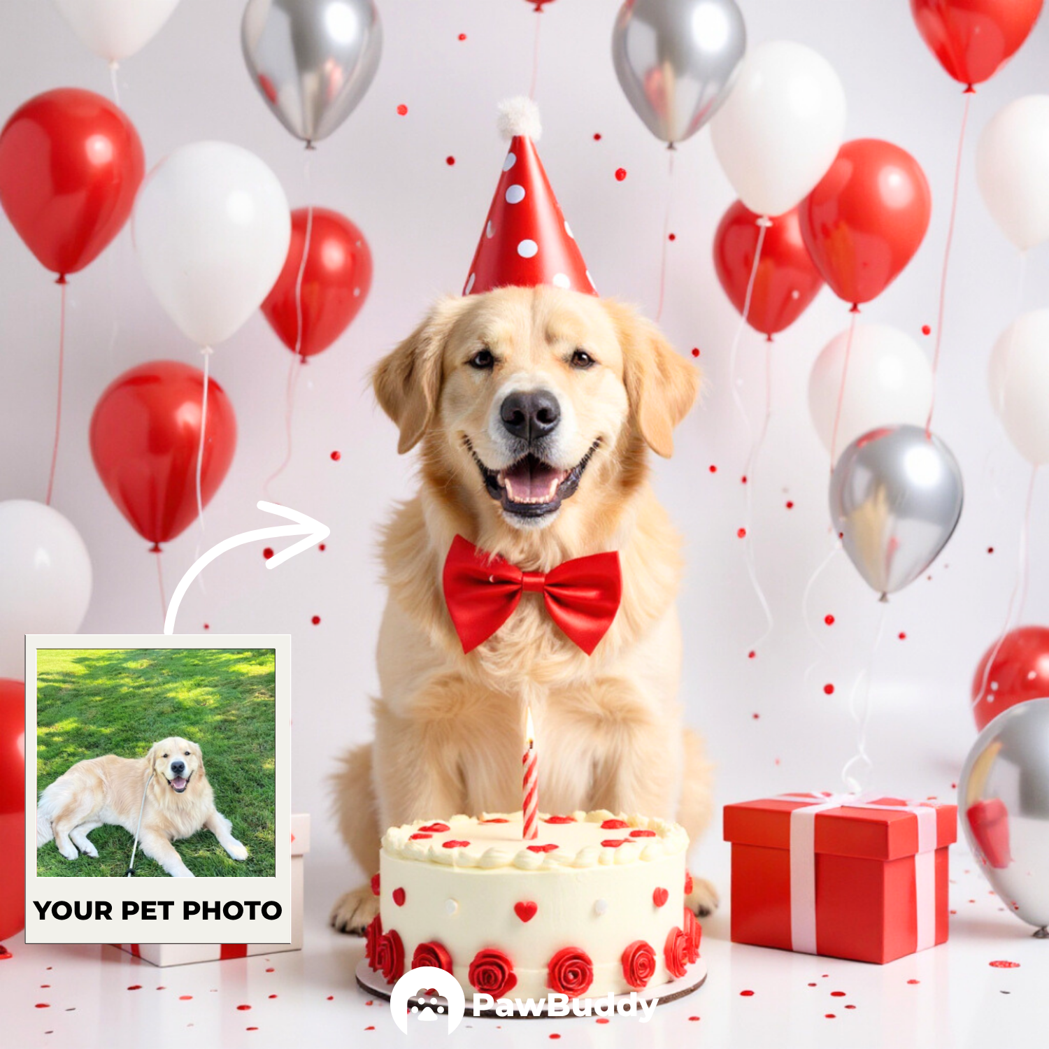 Custom Pet Portrait Scarlet Joy Birthday Style Digital Artwork - Personalized High-Resolution Artwork for Pet Lovers, Perfect for Online Sharing or as a Unique Celebration-Themed Keepsake