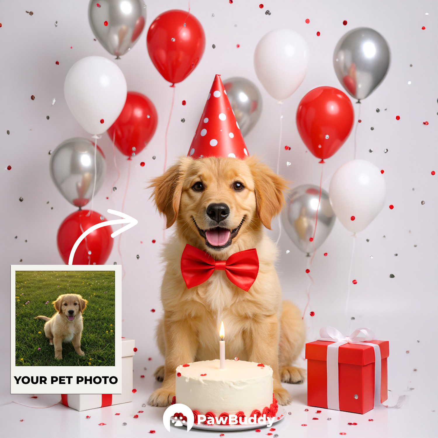 Custom Pet Portrait Scarlet Joy Birthday Style Digital Artwork - Personalized High-Resolution Artwork for Pet Lovers, Perfect for Online Sharing or as a Unique Celebration-Themed Keepsake