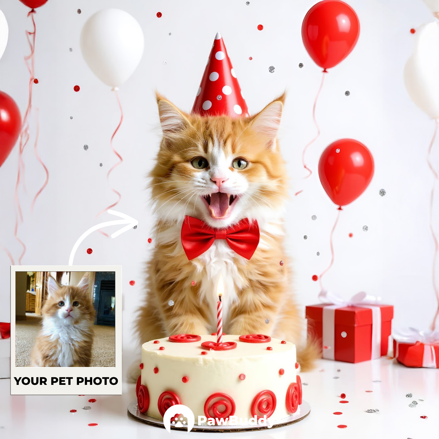 Custom Pet Portrait Scarlet Joy Birthday Style Digital Artwork - Personalized High-Resolution Artwork for Pet Lovers, Perfect for Online Sharing or as a Unique Celebration-Themed Keepsake
