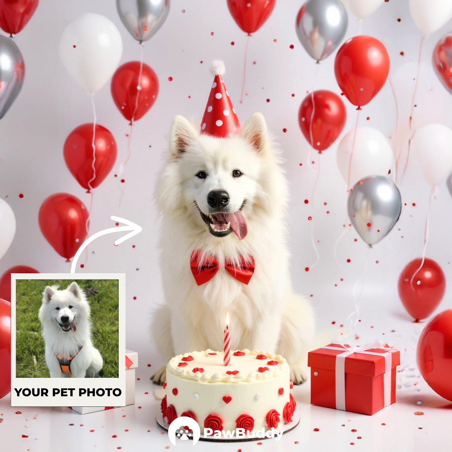 Custom Pet Portrait Scarlet Joy Birthday Style Digital Artwork - Personalized High-Resolution Artwork for Pet Lovers, Perfect for Online Sharing or as a Unique Celebration-Themed Keepsake