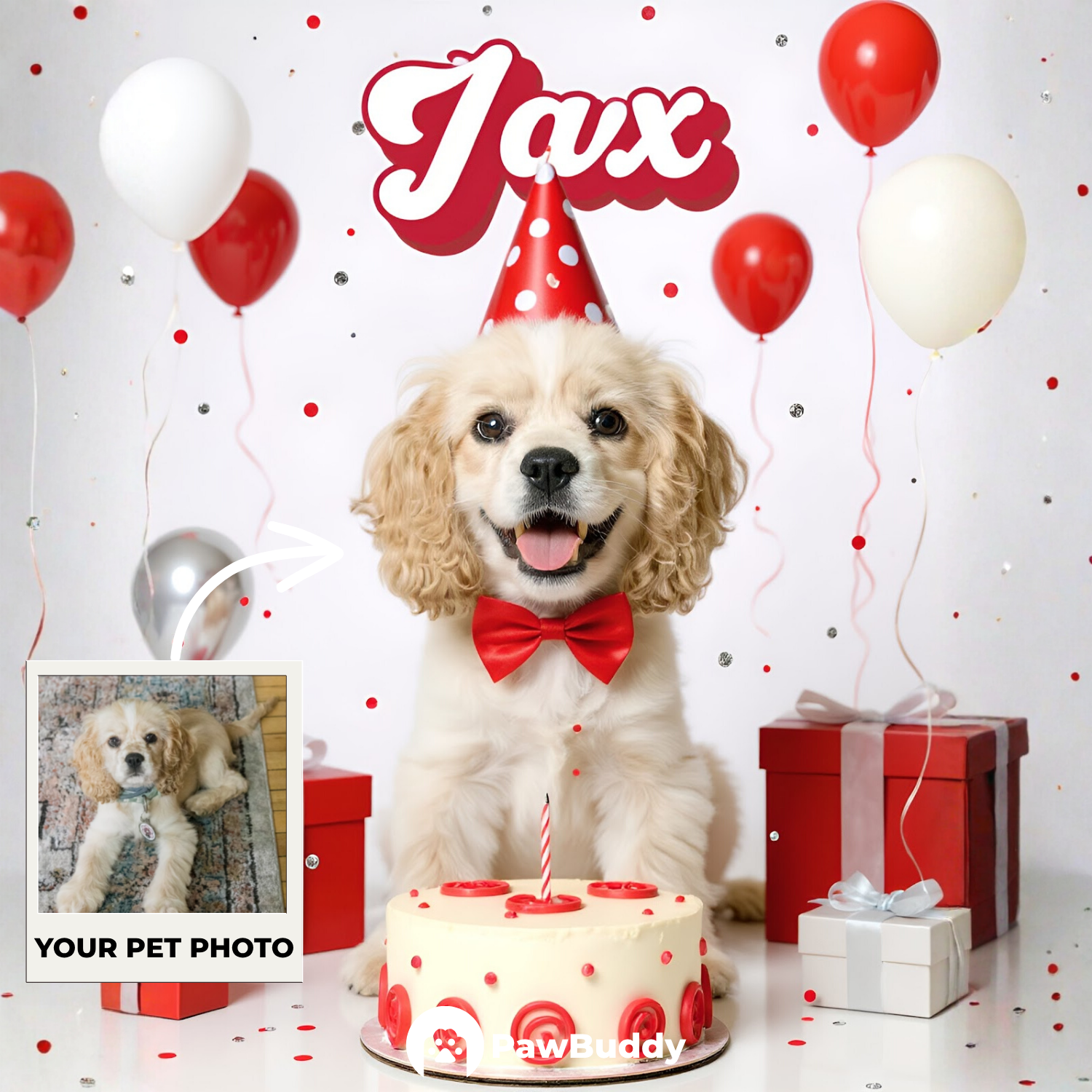 Custom Pet Portrait Scarlet Joy Birthday Style Digital Artwork - Personalized High-Resolution Artwork for Pet Lovers, Perfect for Online Sharing or as a Unique Celebration-Themed Keepsake