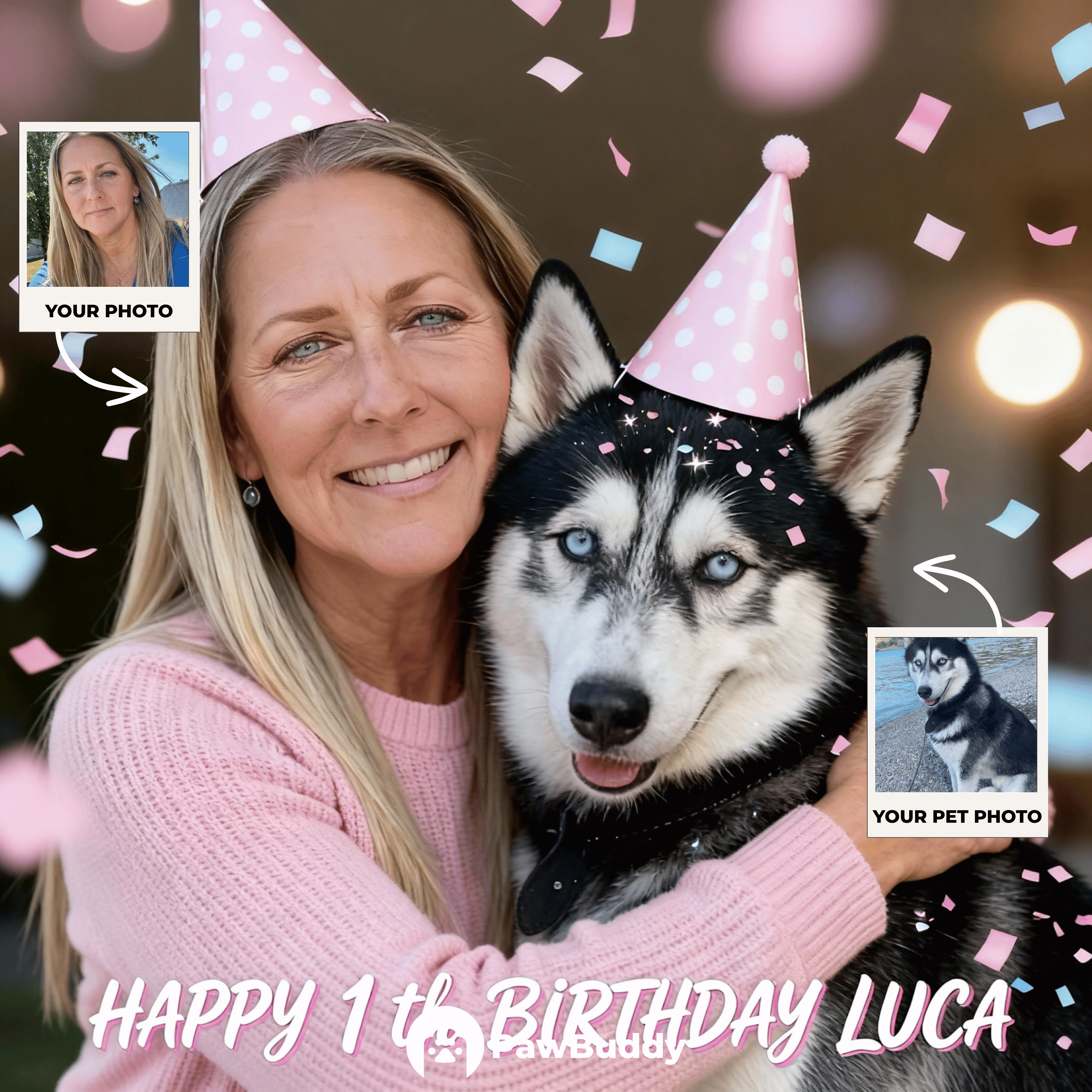 Custom Human & Pet Portrait Blush Party Birthday Theme Digital Artwork - Personalized High Resolution Artwork for Pet Lovers, Perfect for Online Sharing or as a Unique Birthday Keepsake