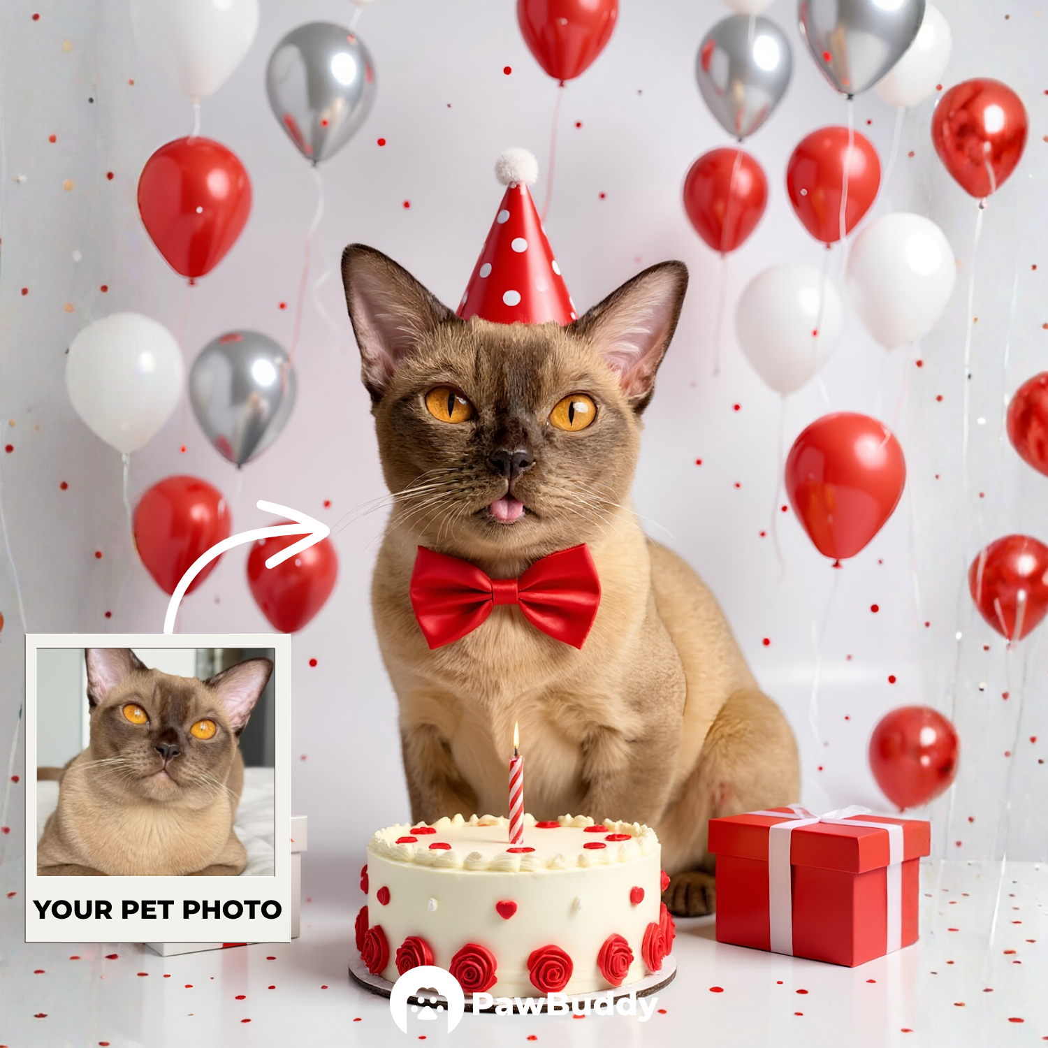 Custom Pet Portrait Scarlet Joy Birthday Style Digital Artwork - Personalized High-Resolution Artwork for Pet Lovers, Perfect for Online Sharing or as a Unique Celebration-Themed Keepsake