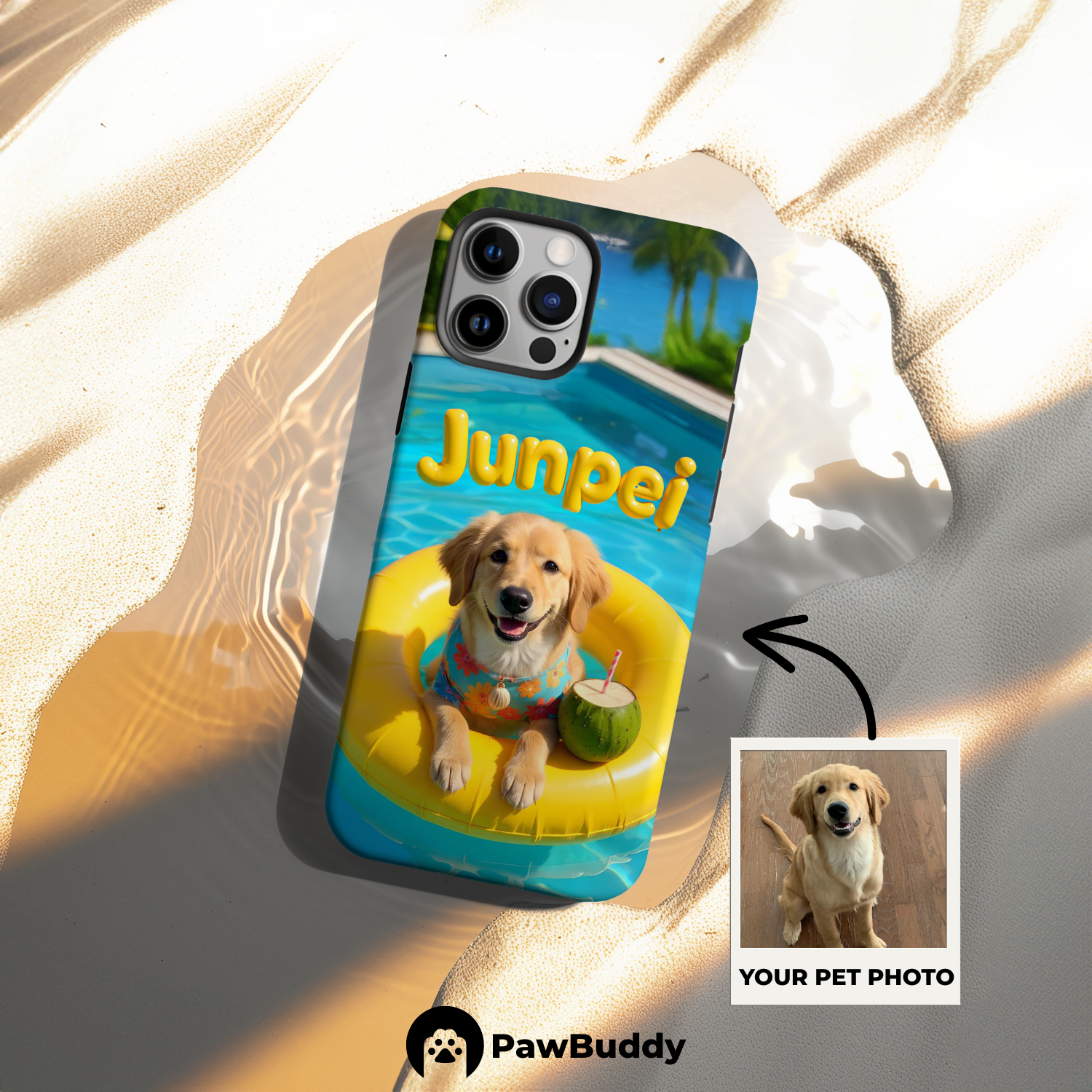 Custom Pet Phone Case for iPhone 11–17, Personalized Tropical Yellow Summer Pool Float Design, Dual-Layer Shockproof PC+TPU Protective Cover with Glossy Wraparound Printing, Unique Gift for Pet Lovers