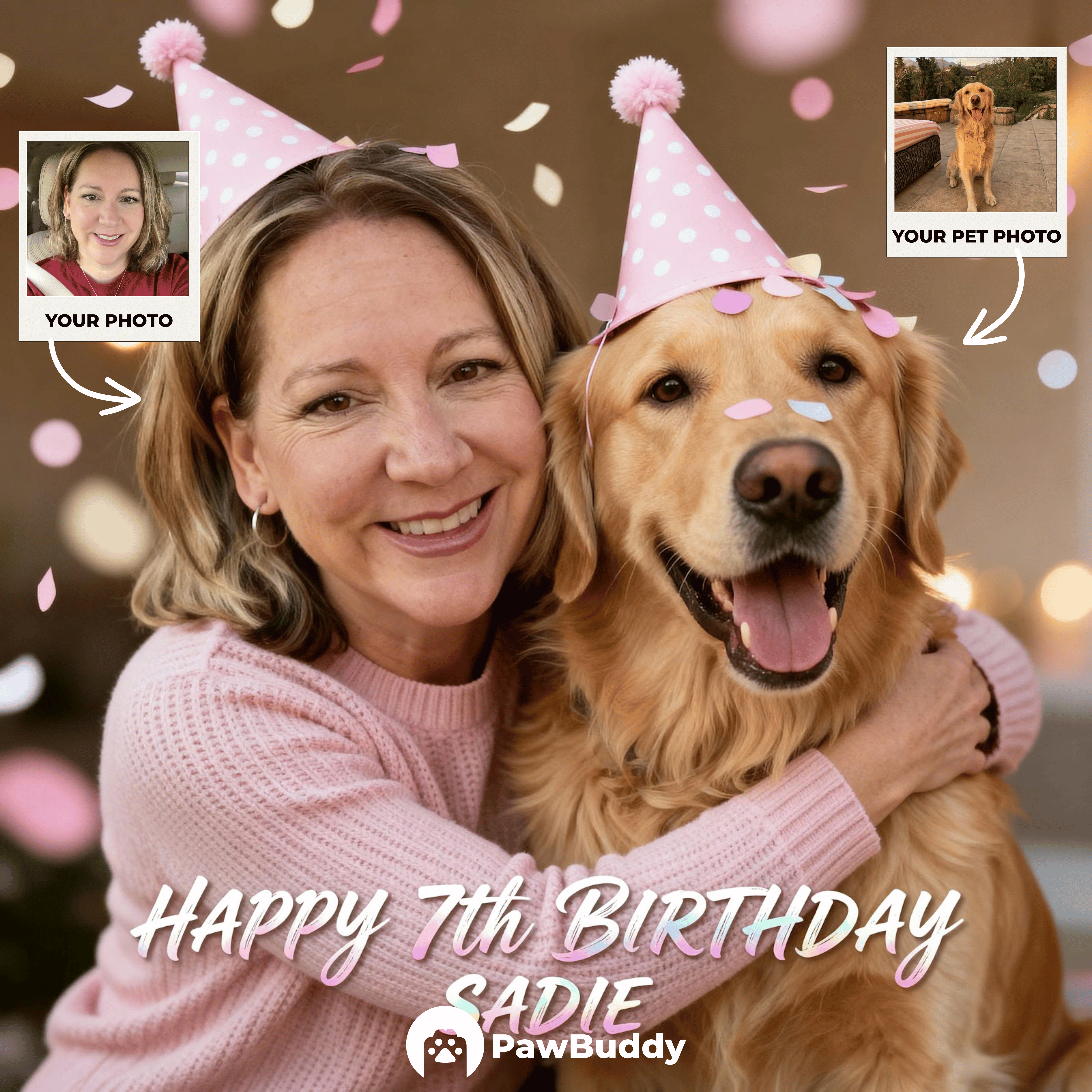 Custom Human & Pet Portrait Blush Party Birthday Theme Digital Artwork - Personalized High Resolution Artwork for Pet Lovers, Perfect for Online Sharing or as a Unique Birthday Keepsake