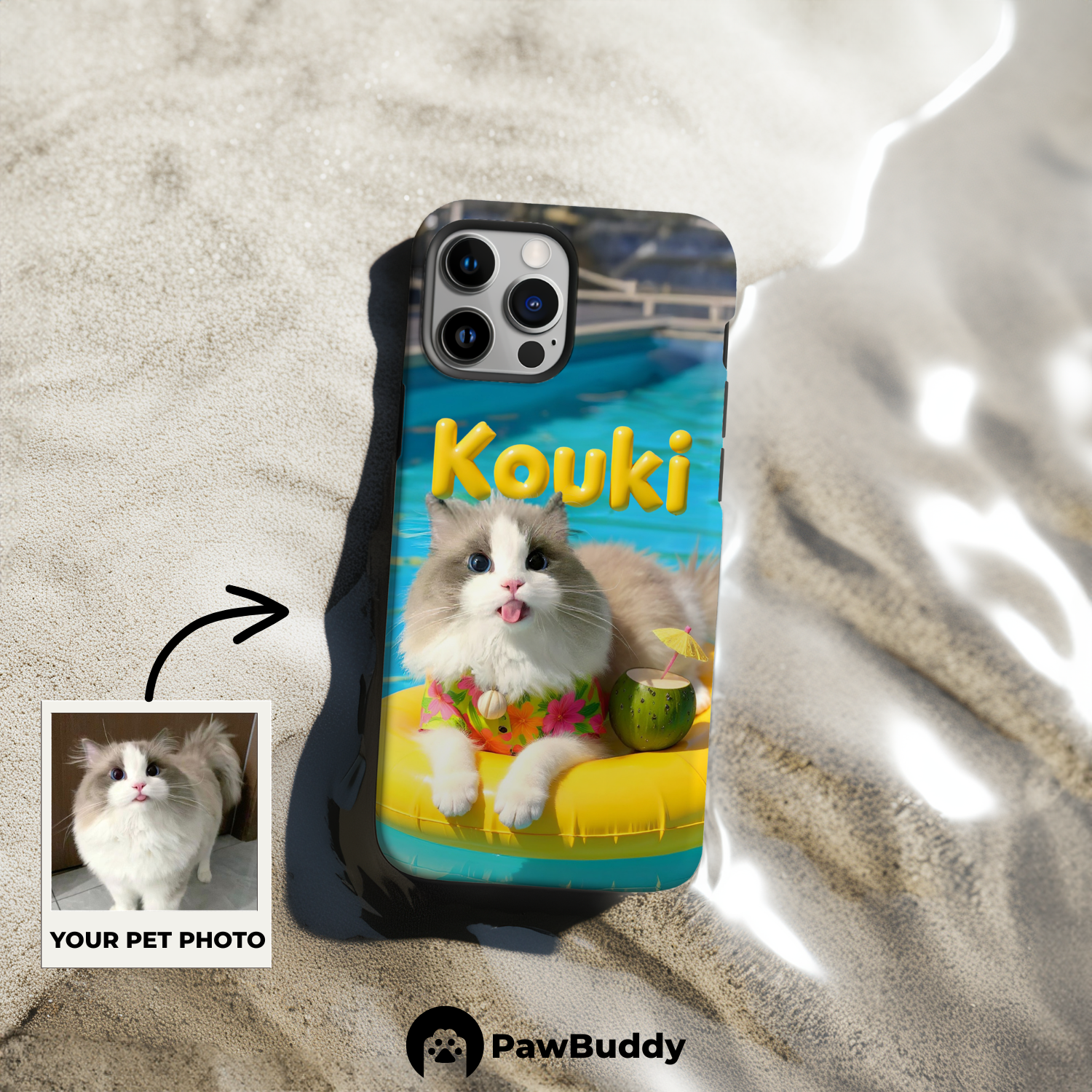 Custom Pet Phone Case for iPhone 11–17, Personalized Tropical Yellow Summer Pool Float Design, Dual-Layer Shockproof PC+TPU Protective Cover with Glossy Wraparound Printing, Unique Gift for Pet Lovers