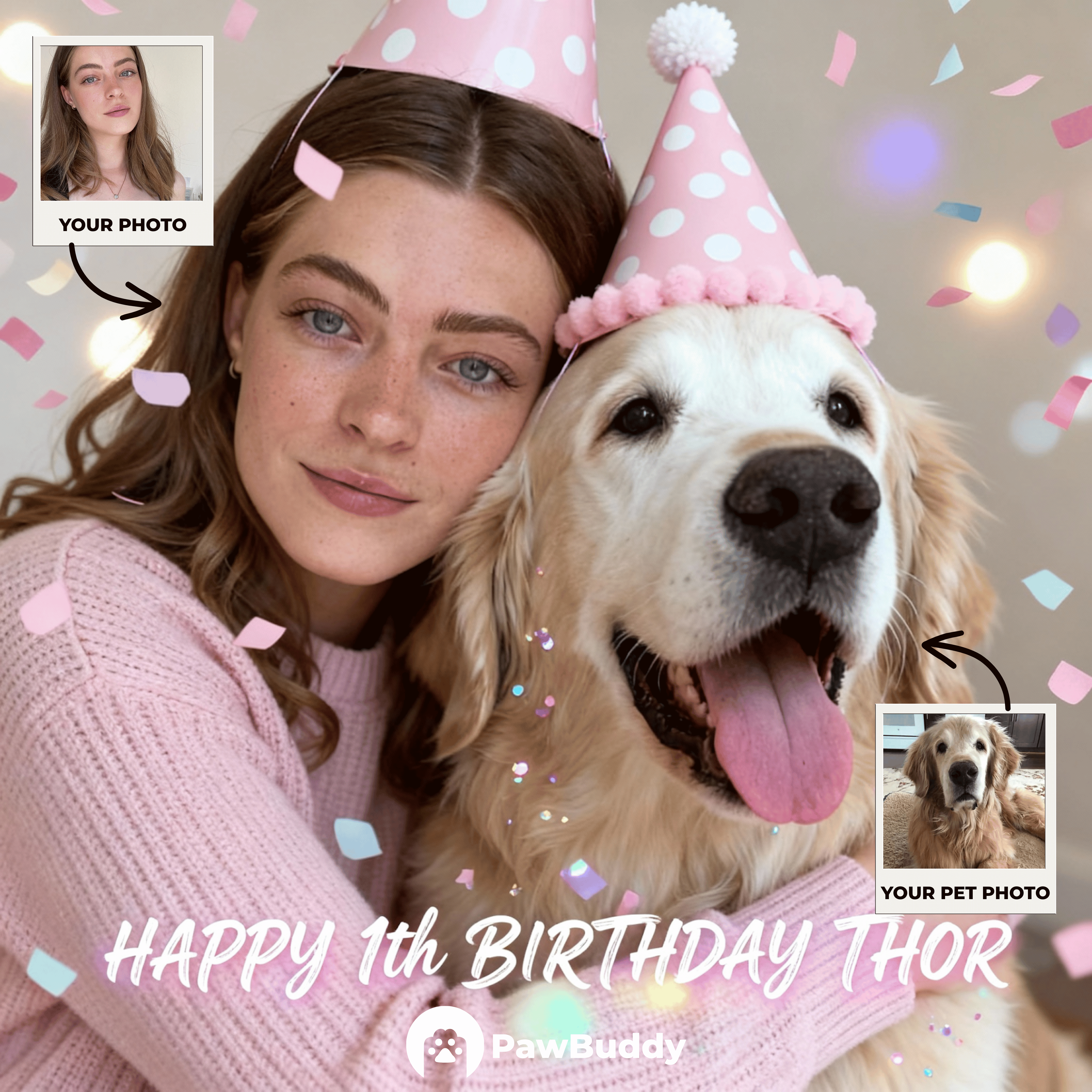 Custom Human & Pet Portrait Blush Party Birthday Theme Digital Artwork - Personalized High Resolution Artwork for Pet Lovers, Perfect for Online Sharing or as a Unique Birthday Keepsake