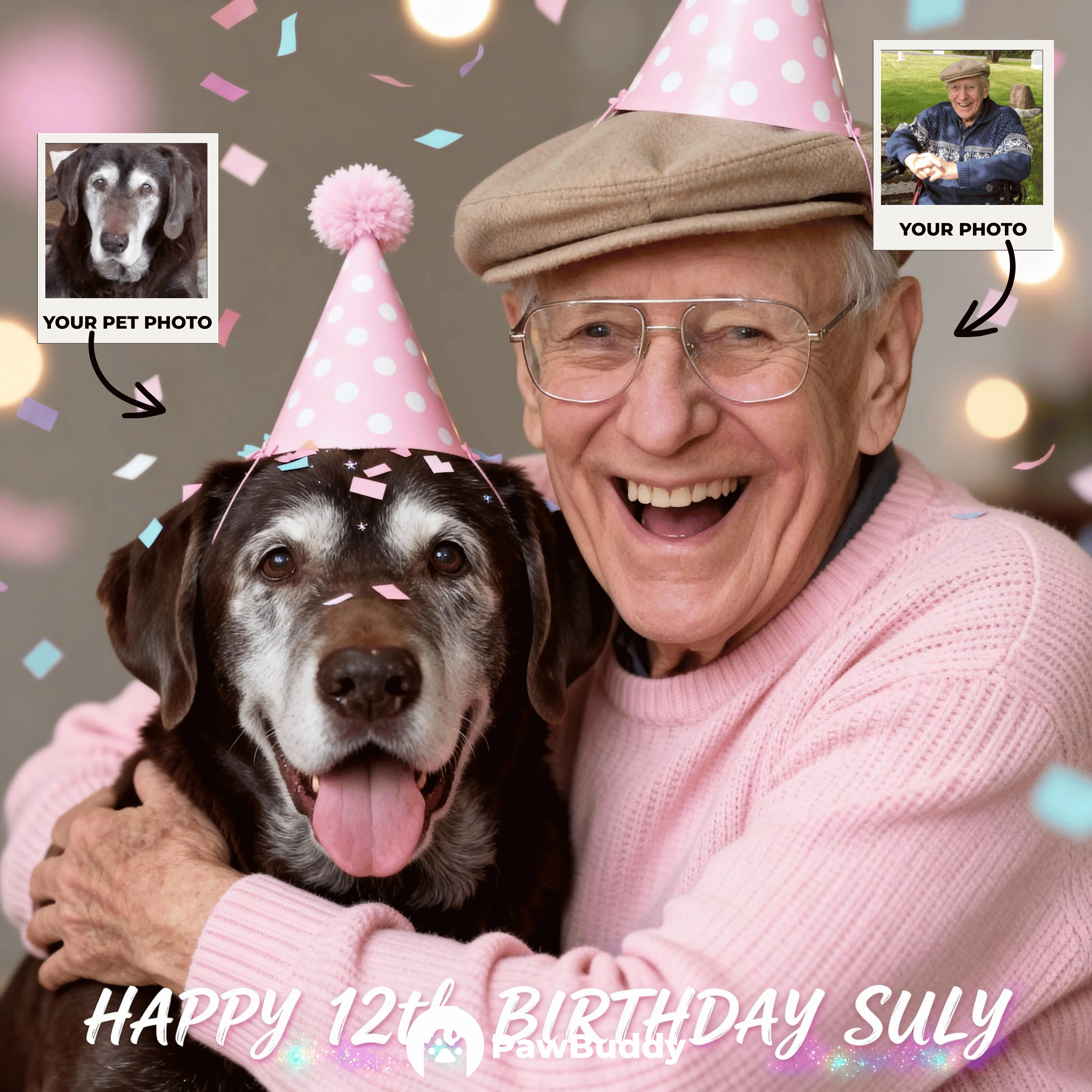 Custom Human & Pet Portrait Blush Party Birthday Theme Digital Artwork - Personalized High Resolution Artwork for Pet Lovers, Perfect for Online Sharing or as a Unique Birthday Keepsake