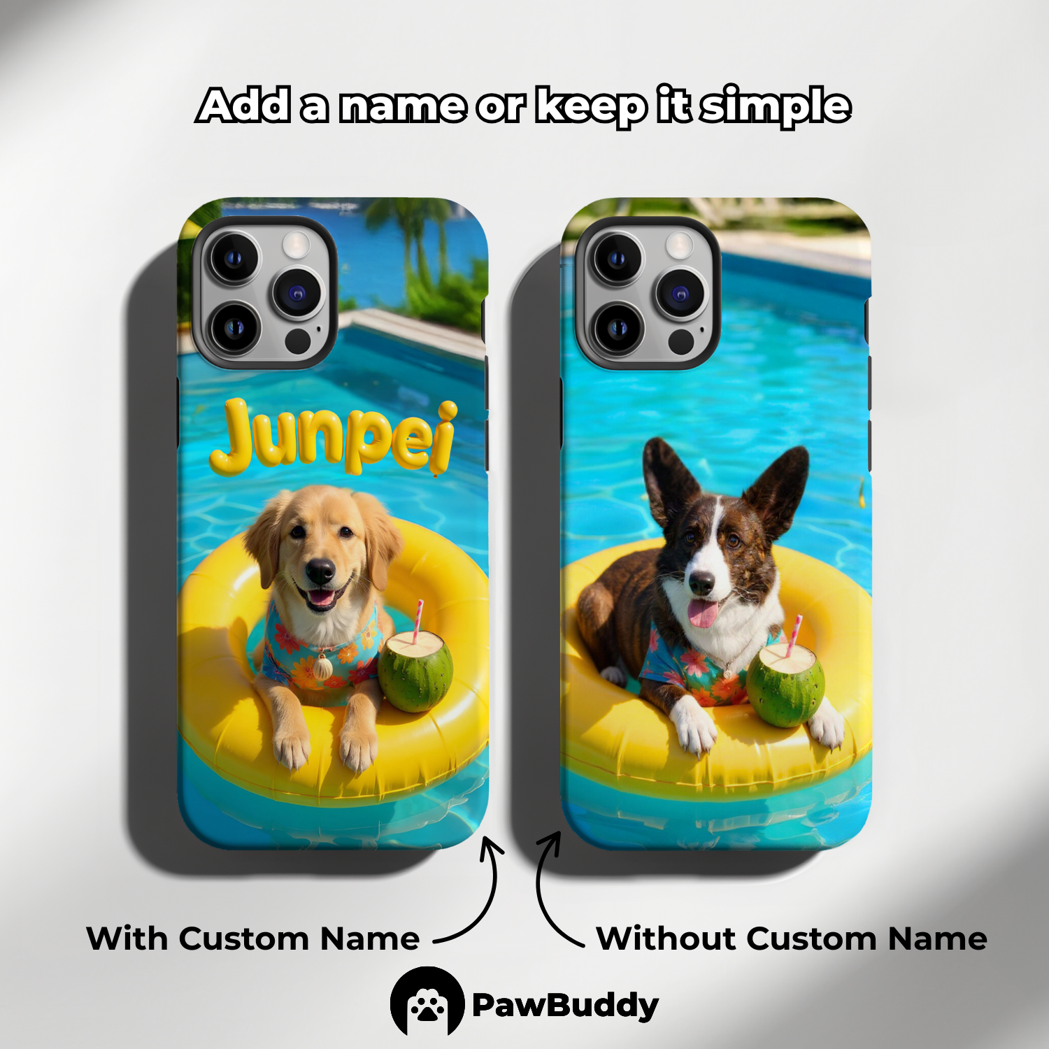 Custom Pet Phone Case for iPhone 11–17, Personalized Tropical Yellow Summer Pool Float Design, Dual-Layer Shockproof PC+TPU Protective Cover with Glossy Wraparound Printing, Unique Gift for Pet Lovers