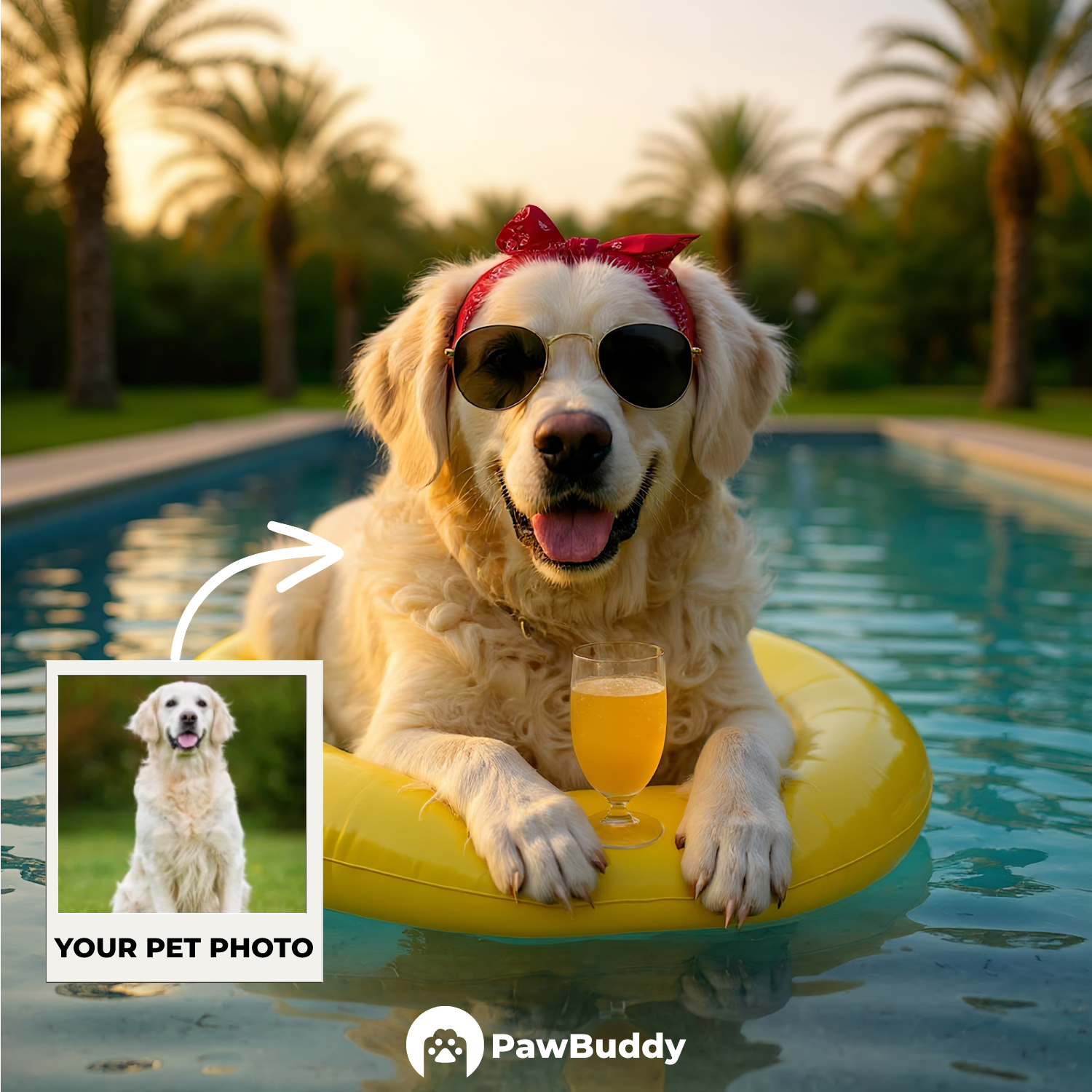 Custom Pet Portrait Golden Sunset Chill Pool Style Digital Artwork - Personalized High-Resolution Artwork for Pet Lovers, Perfect for Online Sharing or as a Unique Summer-Themed Keepsake