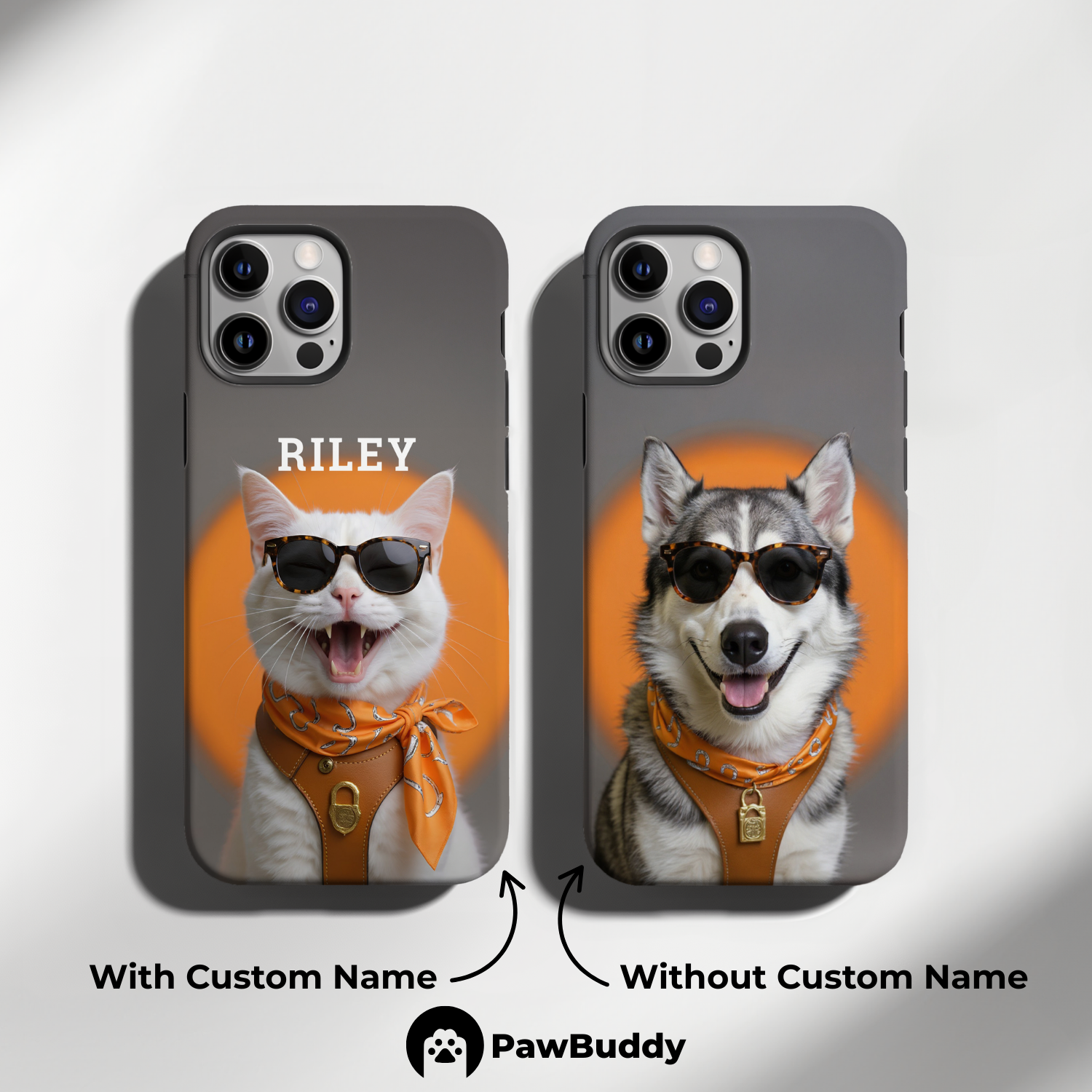 Custom Pet Phone Case for iPhone 11–17, Personalized Modern Orange Sweater Studio Portrait Design, Dual-Layer Shockproof PC+TPU Protective Cover with Glossy Wraparound Printing, Unique Gift for Pet Lovers