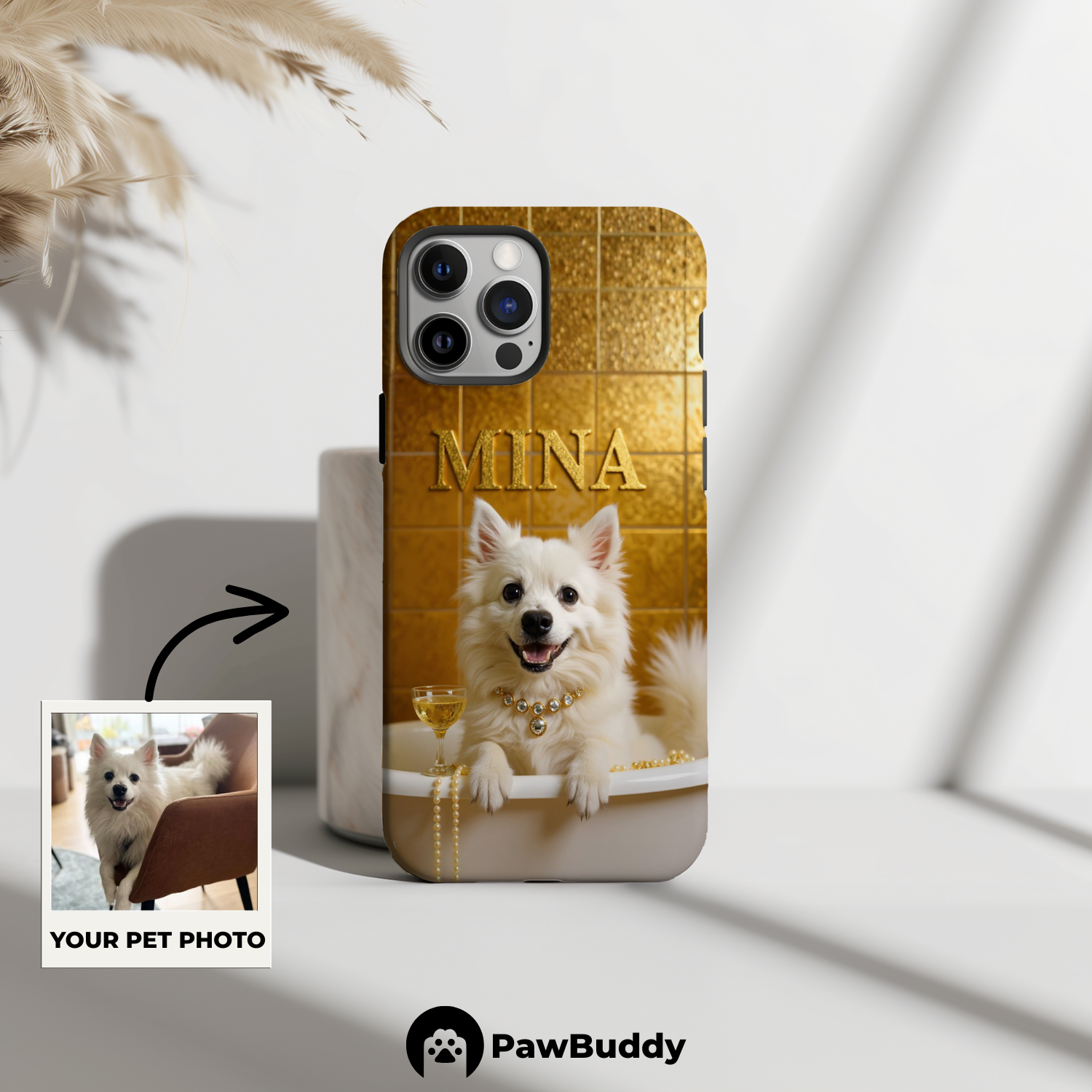 Custom Pet Phone Case for iPhone 11–17, Personalized Golden Luxury Bathtub Pet Design, Dual-Layer Shockproof PC+TPU Protective Cover with Glossy Wraparound Printing, Unique Gift for Pet Lovers