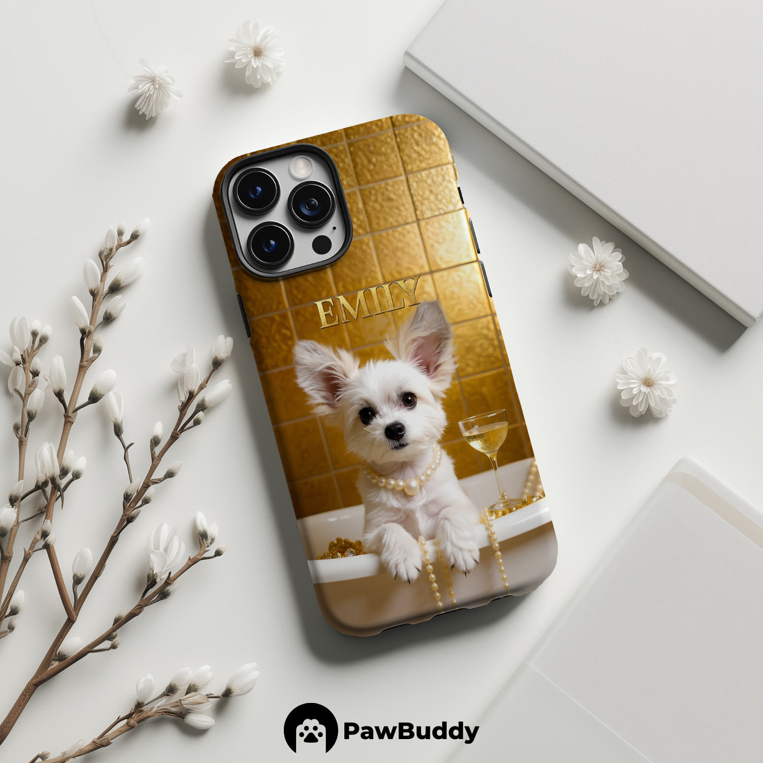 Custom Pet Phone Case for iPhone 11–17, Personalized Golden Luxury Bathtub Pet Design, Dual-Layer Shockproof PC+TPU Protective Cover with Glossy Wraparound Printing, Unique Gift for Pet Lovers