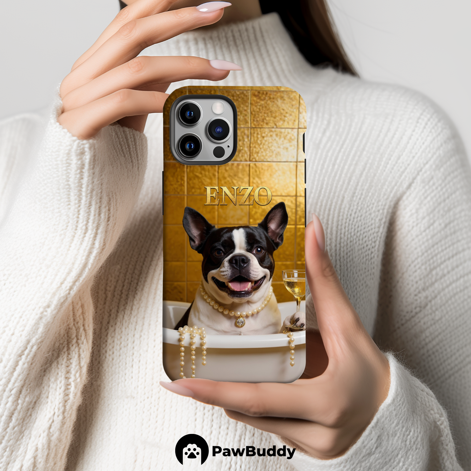 Custom Pet Phone Case for iPhone 11–17, Personalized Golden Luxury Bathtub Pet Design, Dual-Layer Shockproof PC+TPU Protective Cover with Glossy Wraparound Printing, Unique Gift for Pet Lovers