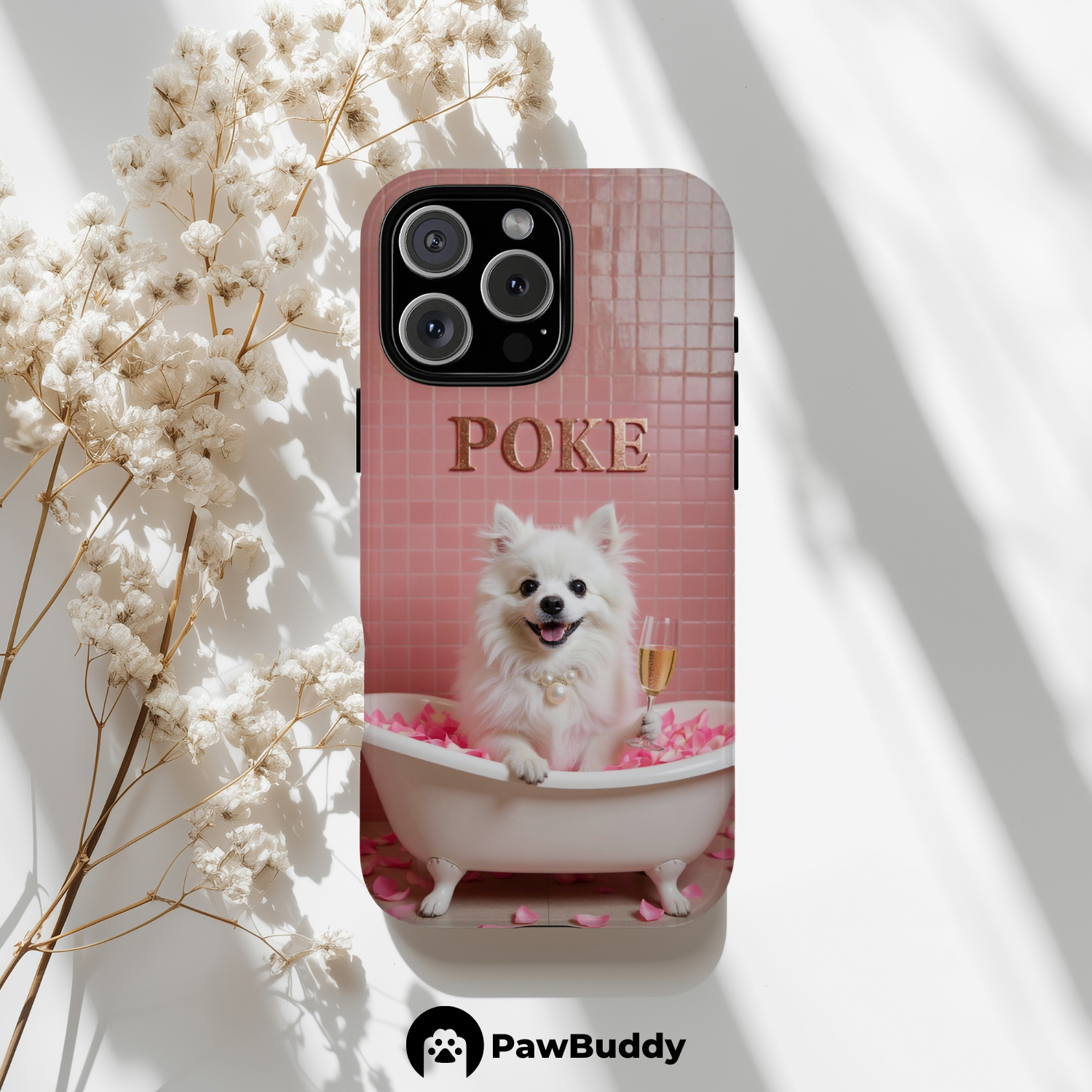 Custom Pet Phone Case for iPhone 11–17, Personalized Pink Rose Bathtub Pet Design, Dual-Layer Shockproof PC+TPU Protective Cover with Glossy Wraparound Printing, Unique Gift for Pet Lovers
