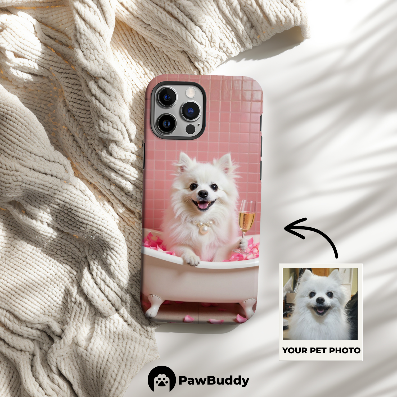 Custom Pet Phone Case for iPhone 11–17, Personalized Pink Rose Bathtub Pet Design, Dual-Layer Shockproof PC+TPU Protective Cover with Glossy Wraparound Printing, Unique Gift for Pet Lovers