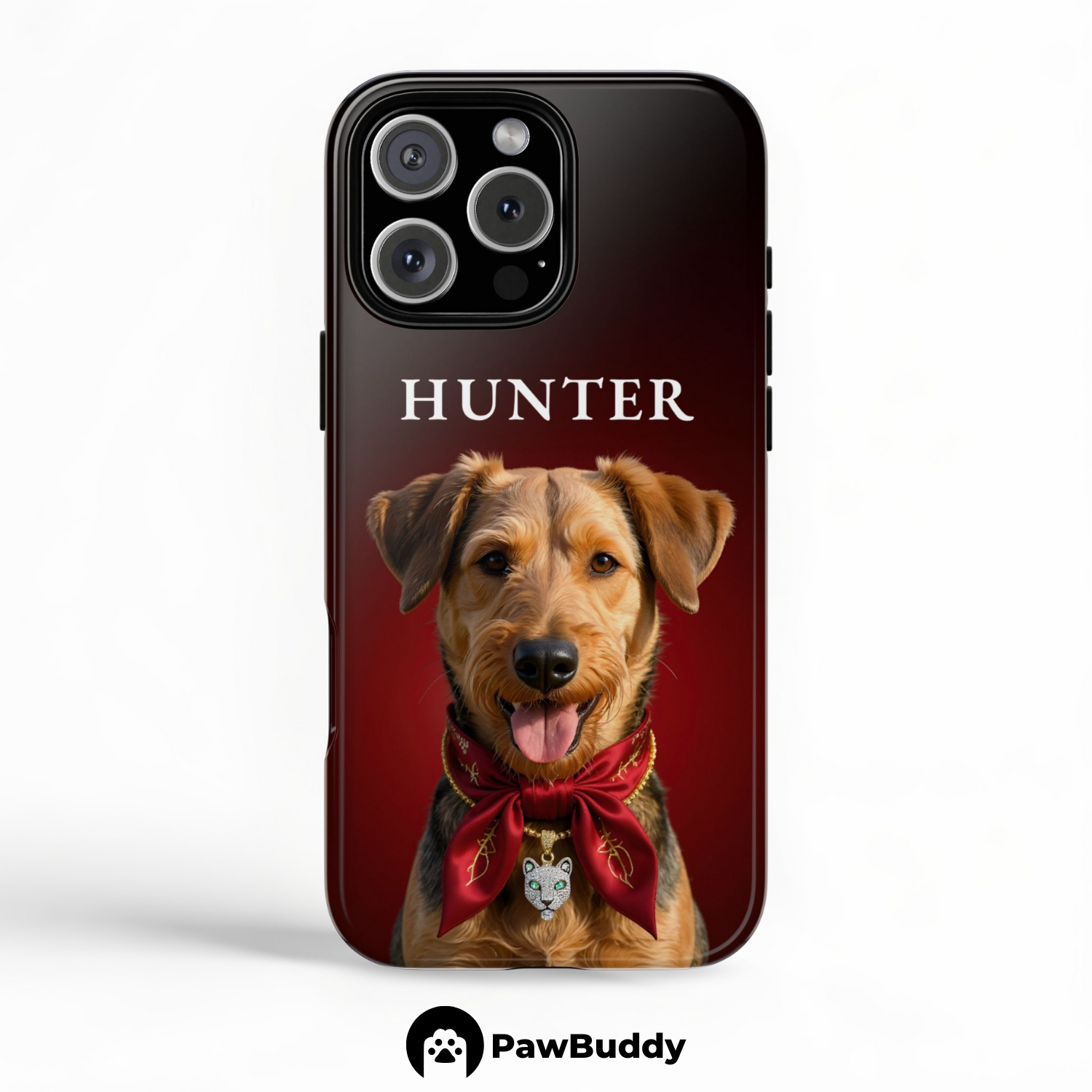 Custom Pet Phone Case for iPhone 11–17, Personalized Luxury Red Scarf Studio Portrait Design, Dual-Layer Shockproof PC+TPU Protective Cover with Glossy Wraparound Printing, Unique Gift for Pet Lovers