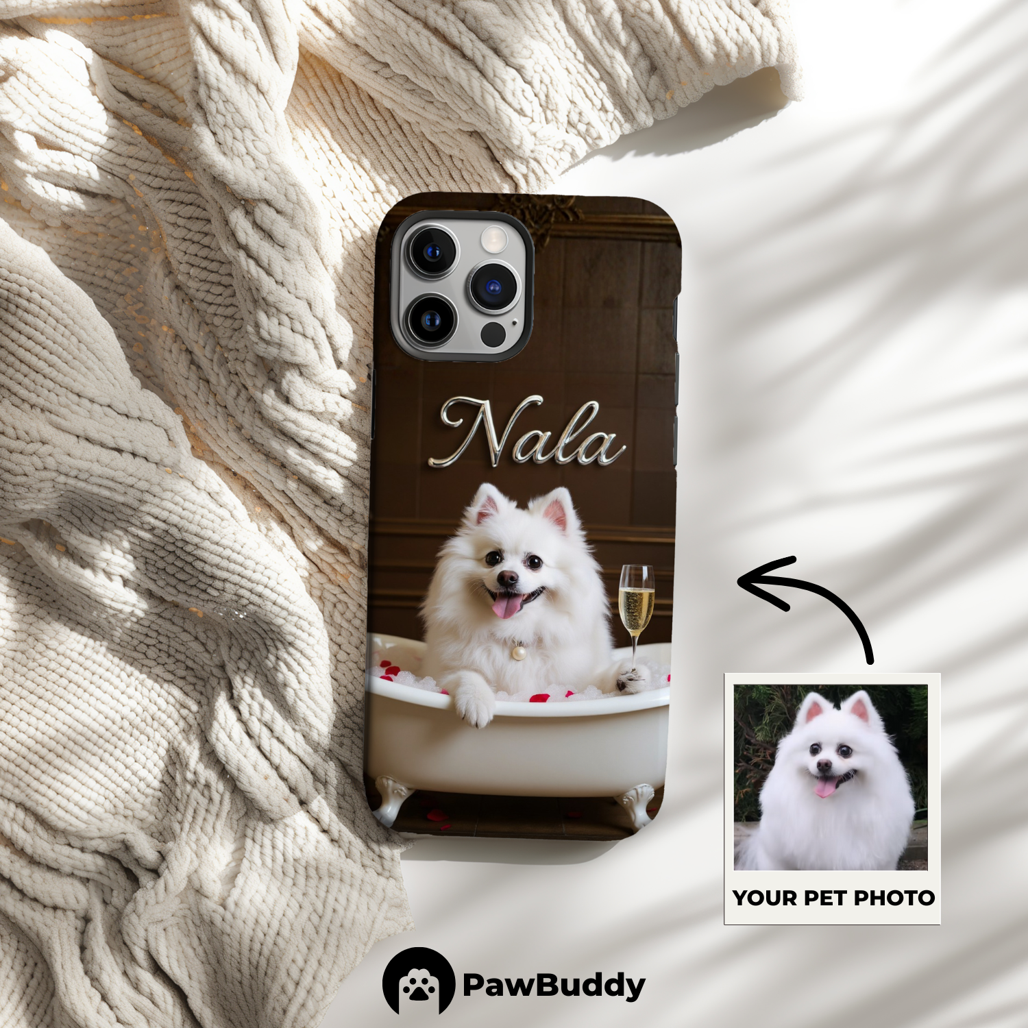 Custom Pet Phone Case for iPhone 11–17, Personalized Classic Champagne Bathtub Pet Design, Dual-Layer Shockproof PC+TPU Protective Cover with Glossy Wraparound Printing, Unique Gift for Pet Lovers