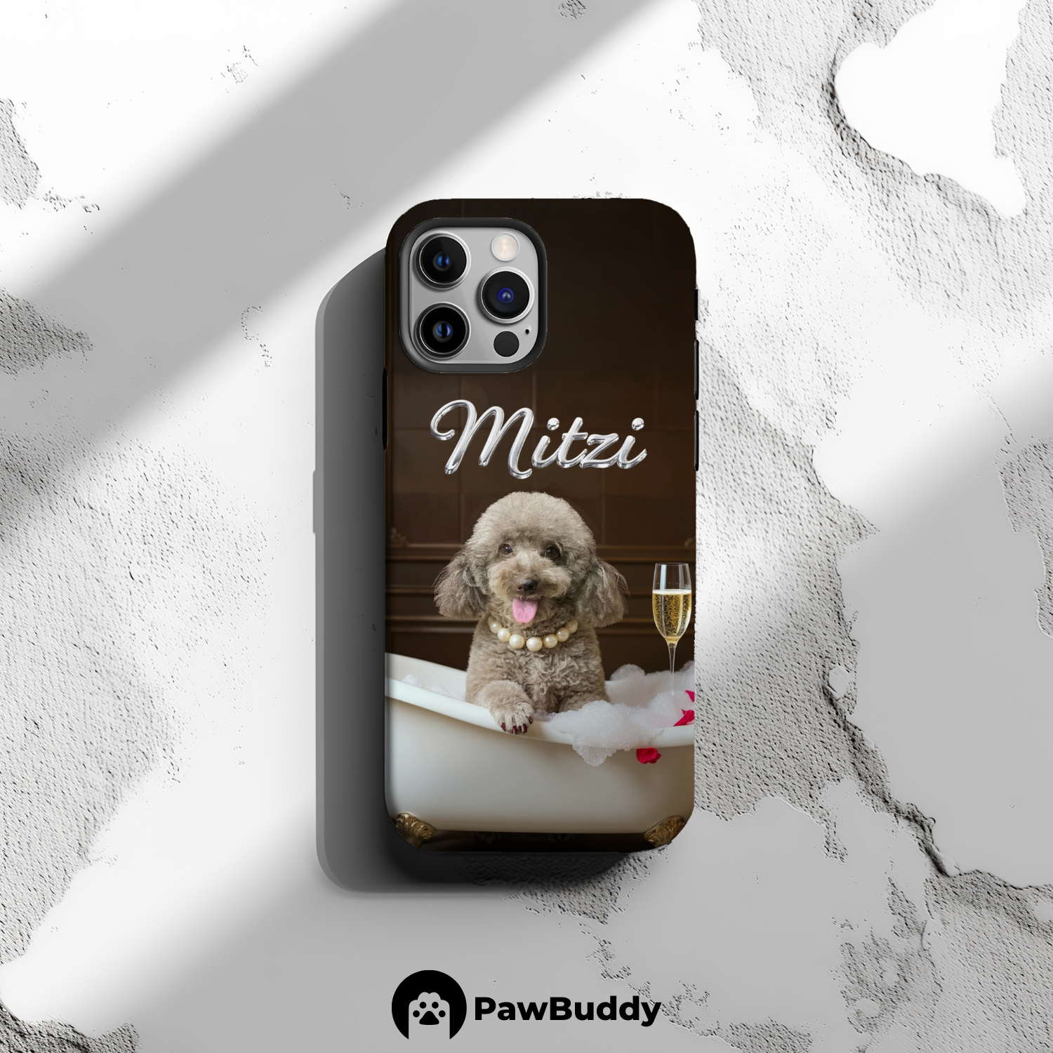 Custom Pet Phone Case for iPhone 11–17, Personalized Classic Champagne Bathtub Pet Design, Dual-Layer Shockproof PC+TPU Protective Cover with Glossy Wraparound Printing, Unique Gift for Pet Lovers