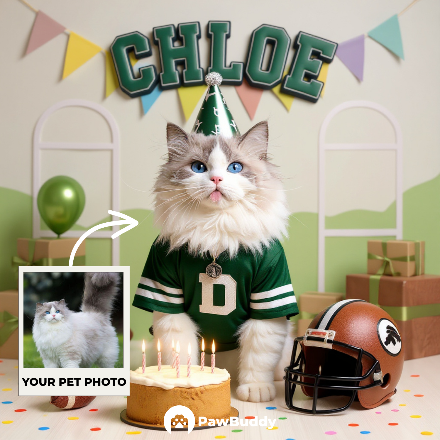Custom Pet Portrait Touchdown Birthday Football Style Digital Artwork - Personalized High-Resolution Artwork for Pet Lovers, Perfect for Online Sharing or as a Unique Sports-Themed Keepsake