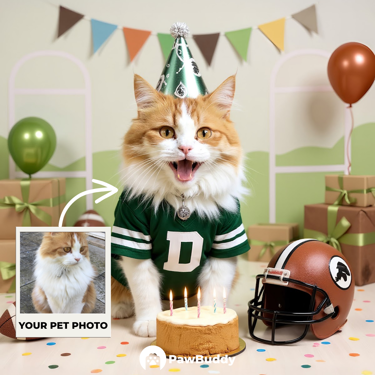 Custom Pet Portrait Touchdown Birthday Football Style Digital Artwork - Personalized High-Resolution Artwork for Pet Lovers, Perfect for Online Sharing or as a Unique Sports-Themed Keepsake