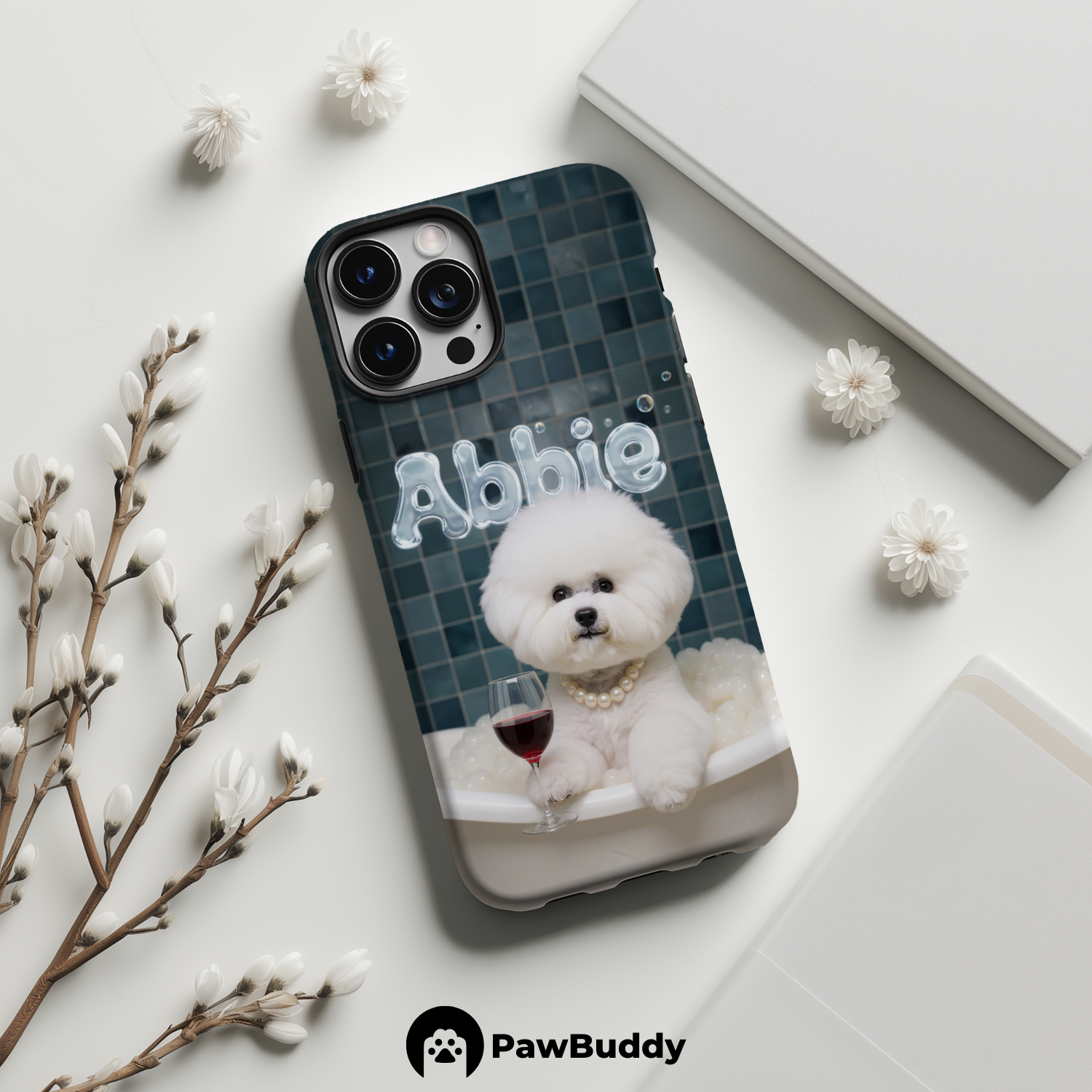 Custom Pet Phone Case for iPhone 11–17, Personalized Blue Pearl Bathtub Pet Design, Dual-Layer Shockproof PC+TPU Protective Cover with Glossy Wraparound Printing, Unique Gift for Pet Lovers