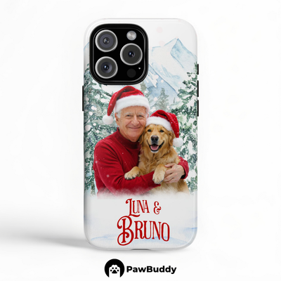 Custom Human & Pet Phone Case for iPhone 11–17, Personalized Snowy Christmas Harmony Pet Portrait Design, Dual-Layer Shockproof PC+TPU Protective Cover with Glossy Wraparound Printing, Unique Holiday Gift for Pet Lovers