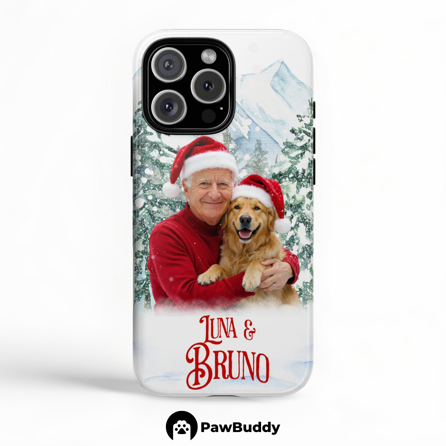 Custom Human & Pet Phone Case for iPhone 11–17, Personalized Snowy Christmas Harmony Pet Portrait Design, Dual-Layer Shockproof PC+TPU Protective Cover with Glossy Wraparound Printing, Unique Holiday Gift for Pet Lovers