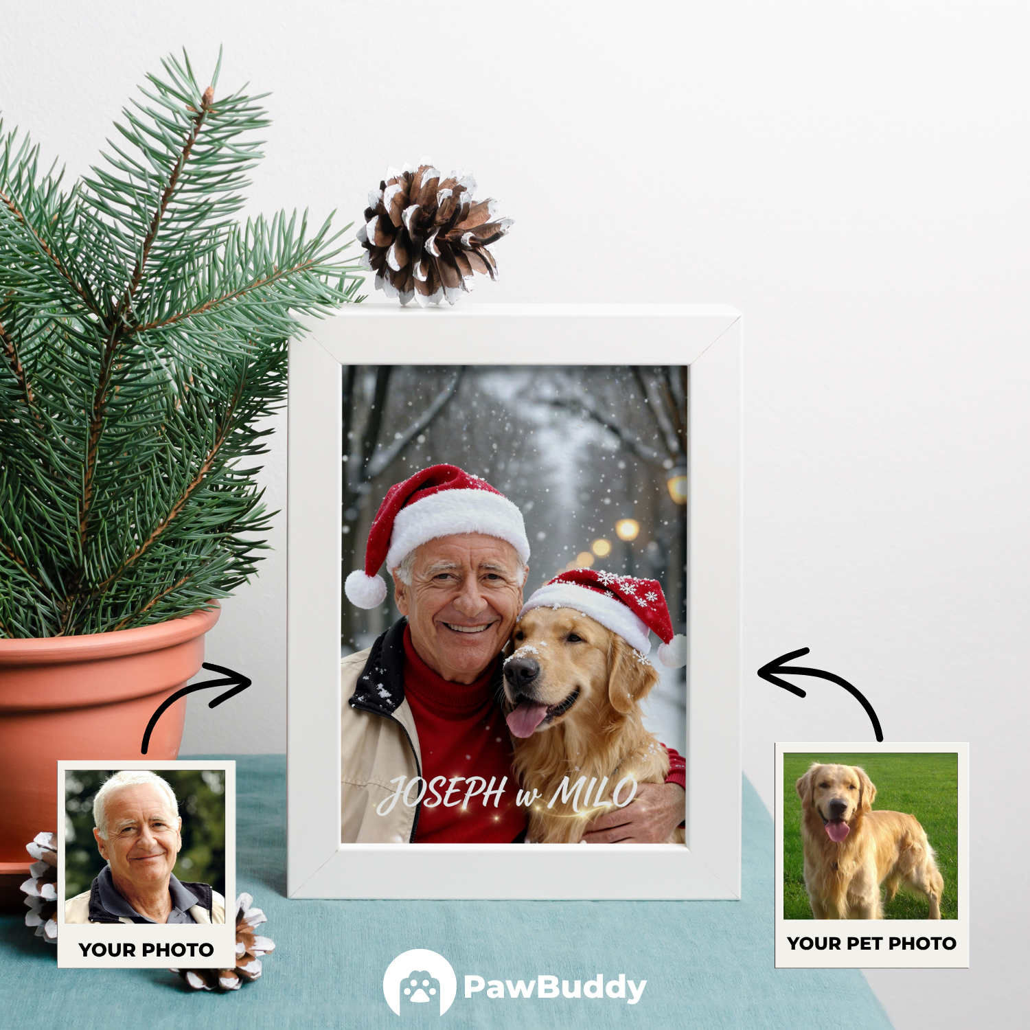 Custom Human & Pet Poster Cozy Christmas Bond Portrait – Personalized High-Resolution Matte Print for Wall Art, Home Decor, or Unique Holiday Gifts for Pet Lovers (Frame Not Included)