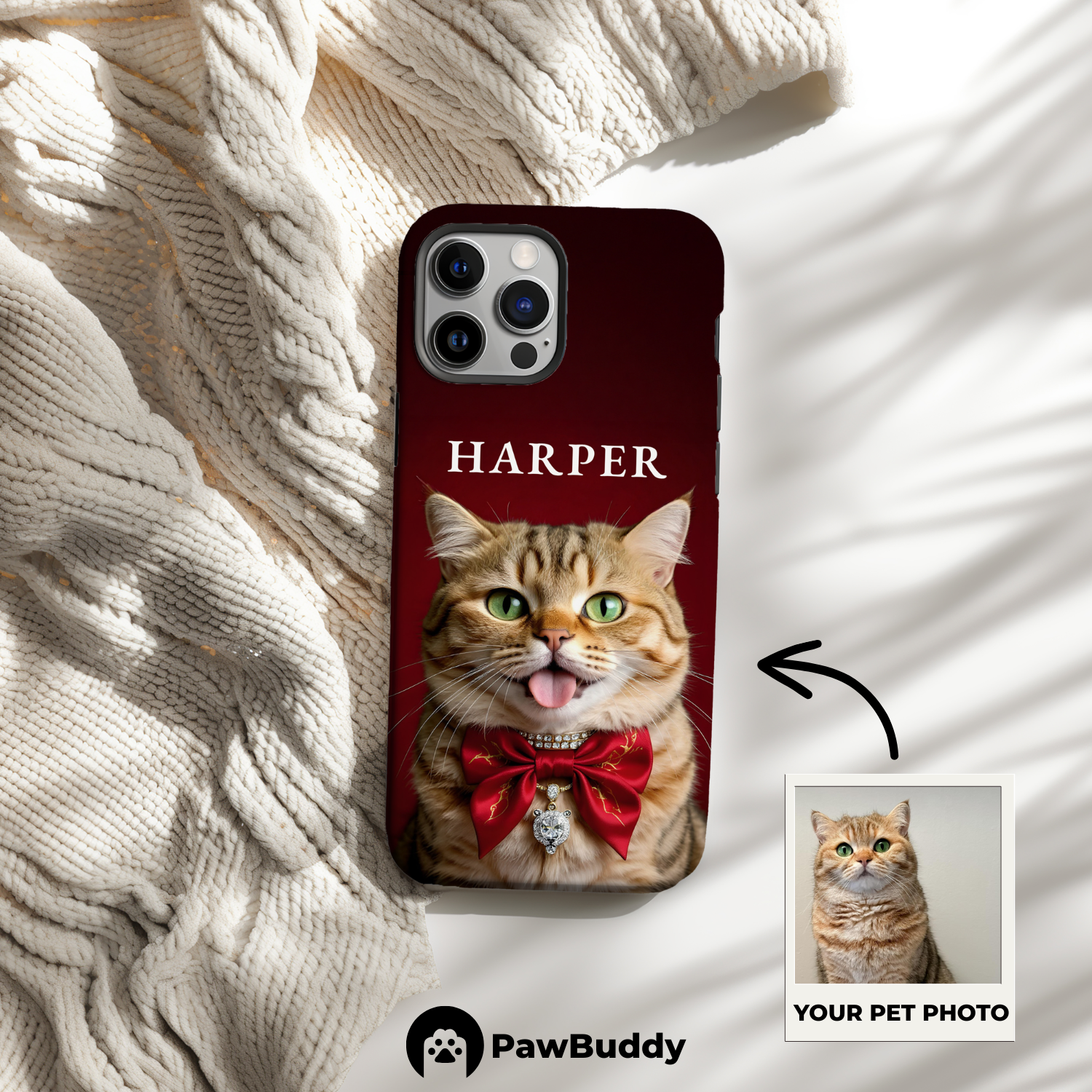Custom Pet Phone Case for iPhone 11–17, Personalized Luxury Red Scarf Studio Portrait Design, Dual-Layer Shockproof PC+TPU Protective Cover with Glossy Wraparound Printing, Unique Gift for Pet Lovers