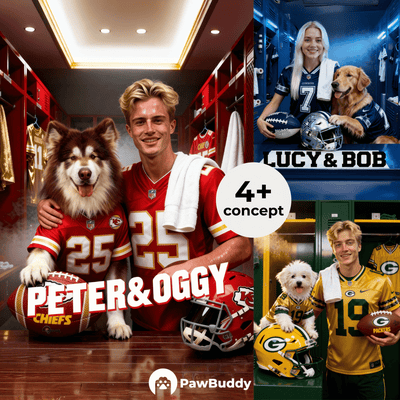 Custom Human & Pet Portrait Sports Locker Room Digital Artwork - Personalized High Resolution Artwork for Pet Lovers, Perfect for Online Sharing or as a Unique Game Day Keepsake