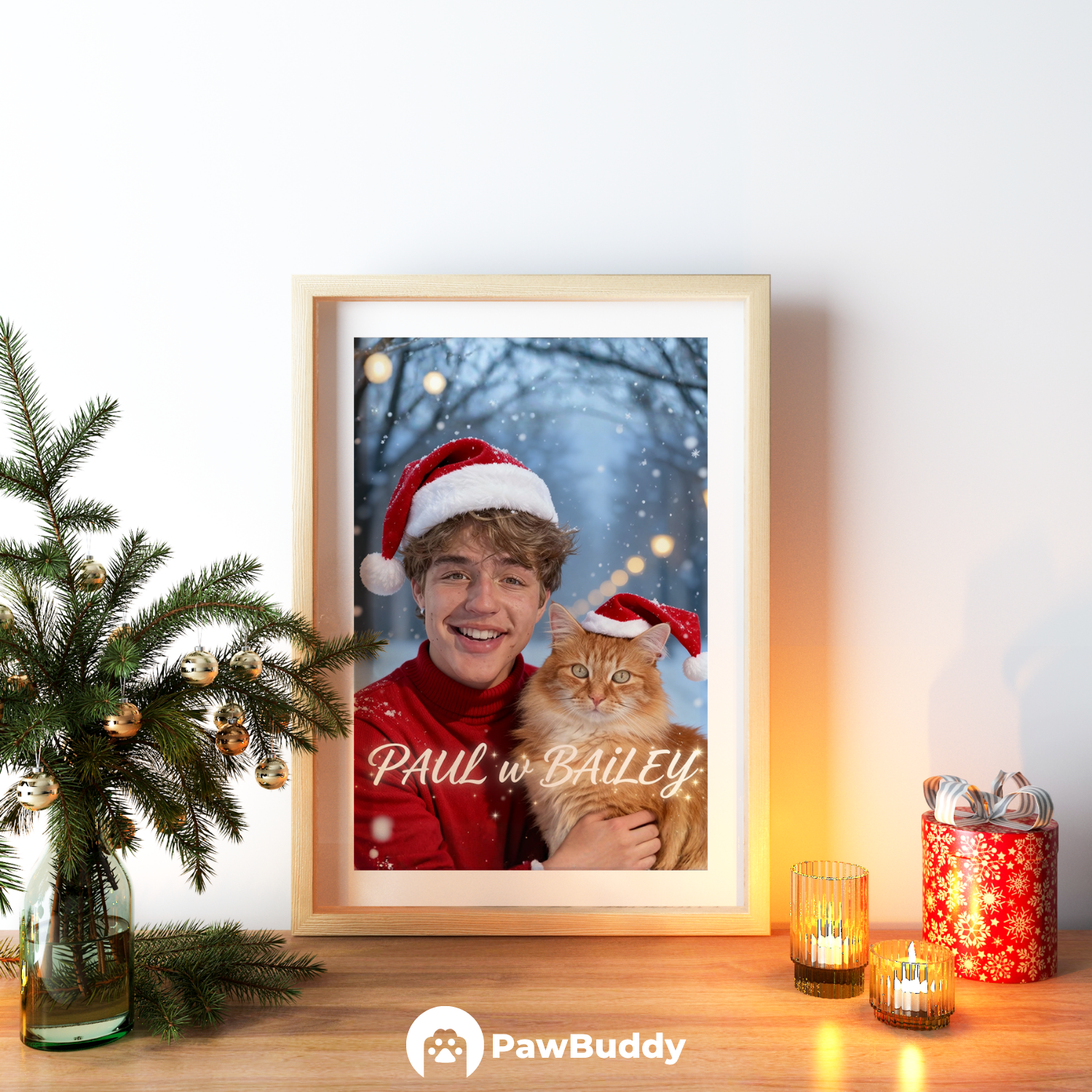 Custom Human & Pet Poster Cozy Christmas Bond Portrait – Personalized High-Resolution Matte Print for Wall Art, Home Decor, or Unique Holiday Gifts for Pet Lovers (Frame Not Included)