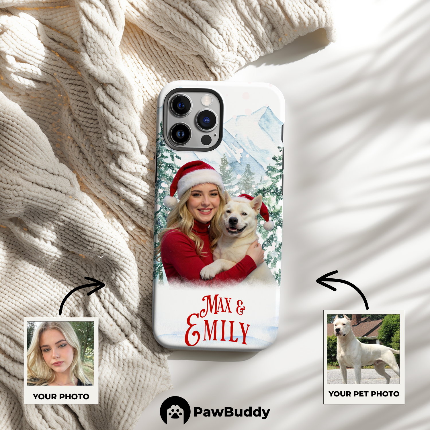 Custom Human & Pet Phone Case for iPhone 11–17, Personalized Snowy Christmas Harmony Pet Portrait Design, Dual-Layer Shockproof PC+TPU Protective Cover with Glossy Wraparound Printing, Unique Holiday Gift for Pet Lovers