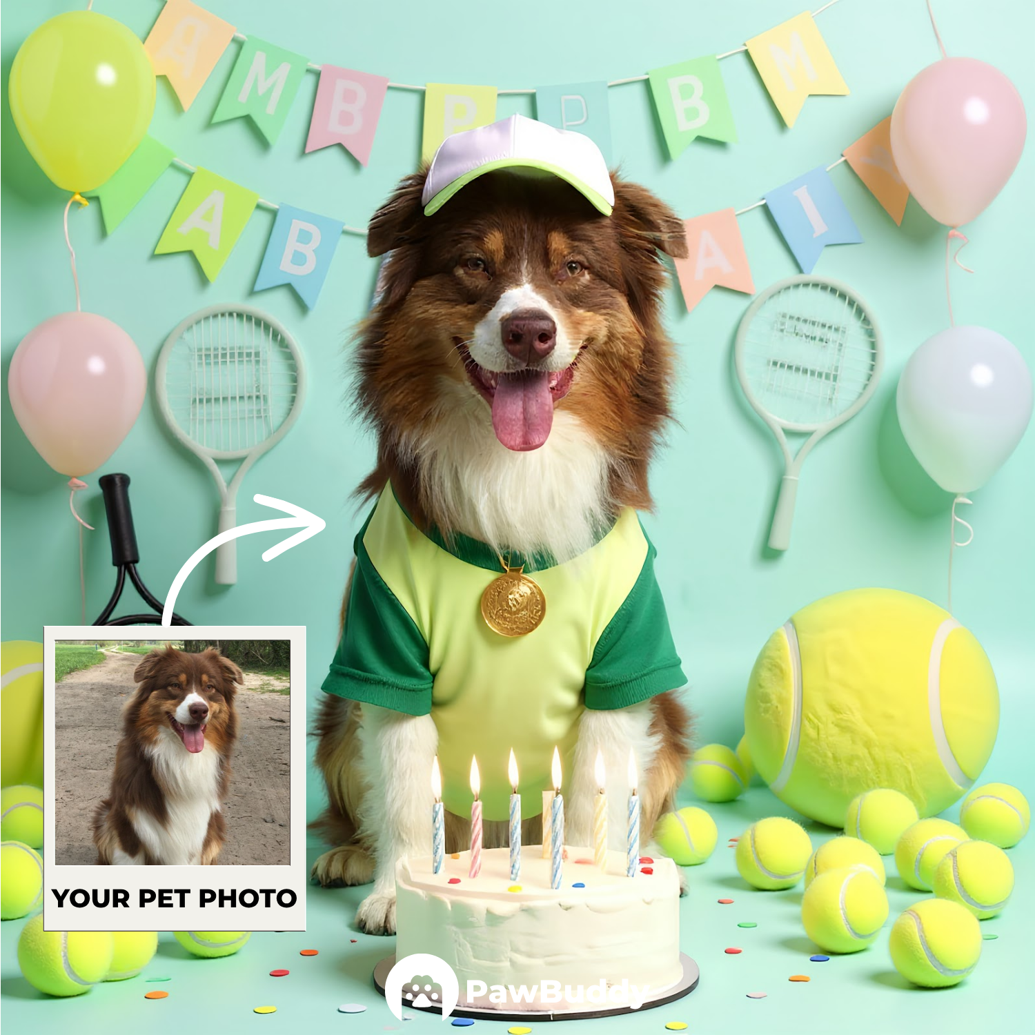 Custom Pet Portrait Grand Slam Birthday Tennis Style Digital Artwork - Personalized High-Resolution Artwork for Pet Lovers, Perfect for Online Sharing or as a Unique Sports-Themed Keepsake