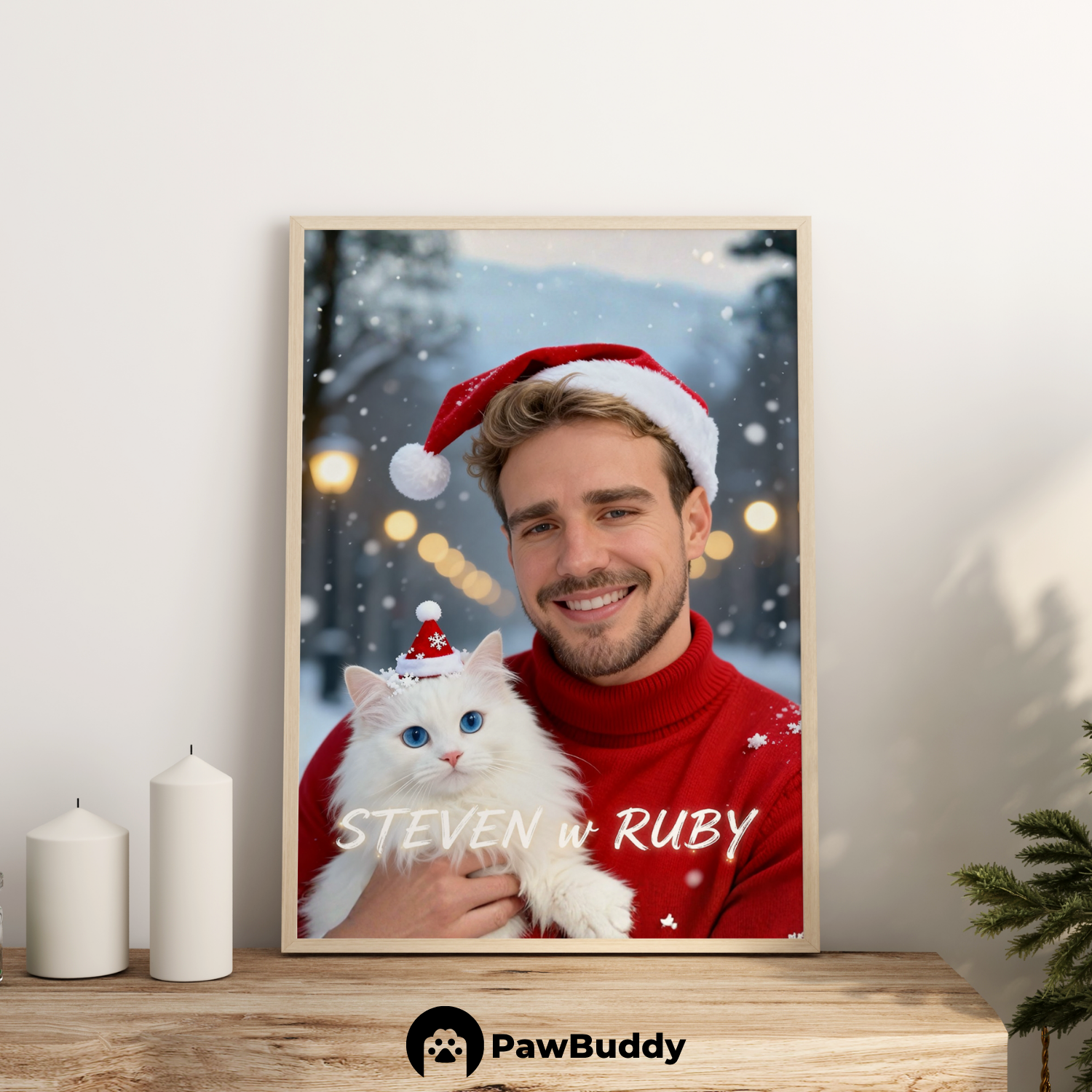 Custom Human & Pet Poster Cozy Christmas Bond Portrait – Personalized High-Resolution Matte Print for Wall Art, Home Decor, or Unique Holiday Gifts for Pet Lovers (Frame Not Included)