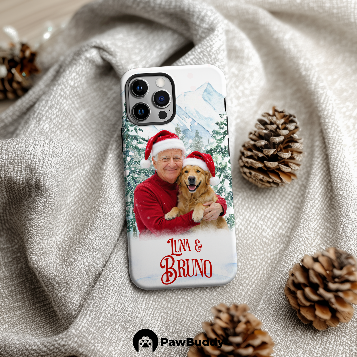 Custom Human & Pet Phone Case for iPhone 11–17, Personalized Snowy Christmas Harmony Pet Portrait Design, Dual-Layer Shockproof PC+TPU Protective Cover with Glossy Wraparound Printing, Unique Holiday Gift for Pet Lovers