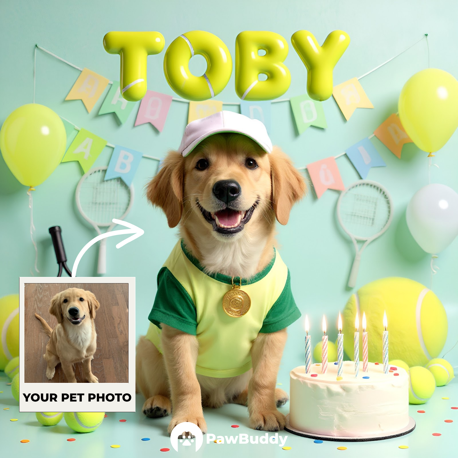 Custom Pet Portrait Grand Slam Birthday Tennis Style Digital Artwork - Personalized High-Resolution Artwork for Pet Lovers, Perfect for Online Sharing or as a Unique Sports-Themed Keepsake