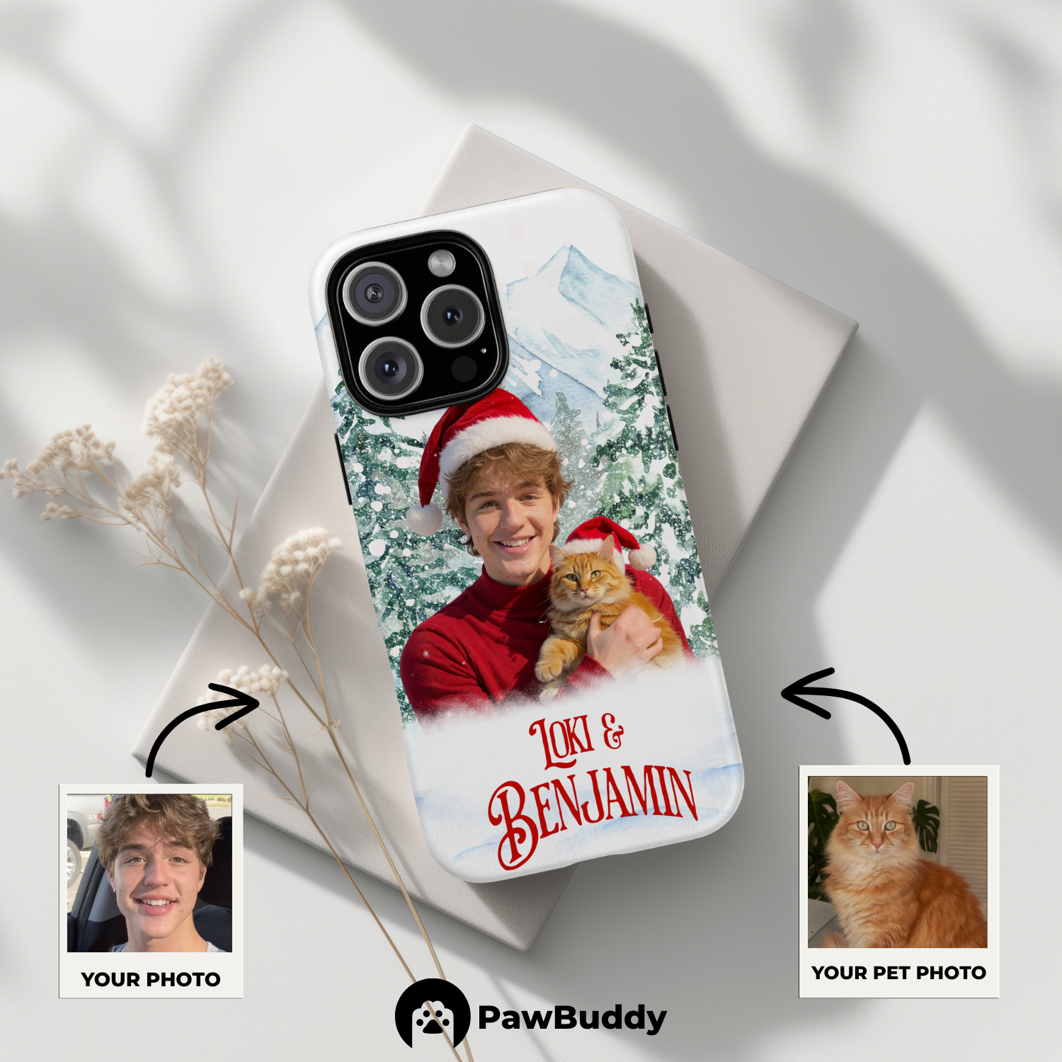 Custom Human & Pet Phone Case for iPhone 11–17, Personalized Snowy Christmas Harmony Pet Portrait Design, Dual-Layer Shockproof PC+TPU Protective Cover with Glossy Wraparound Printing, Unique Holiday Gift for Pet Lovers